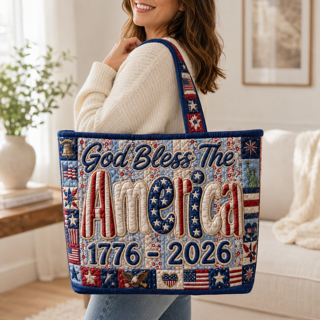 Quilted Tote Bag God Bless America 1776-2026 Patriotic Gift for Her