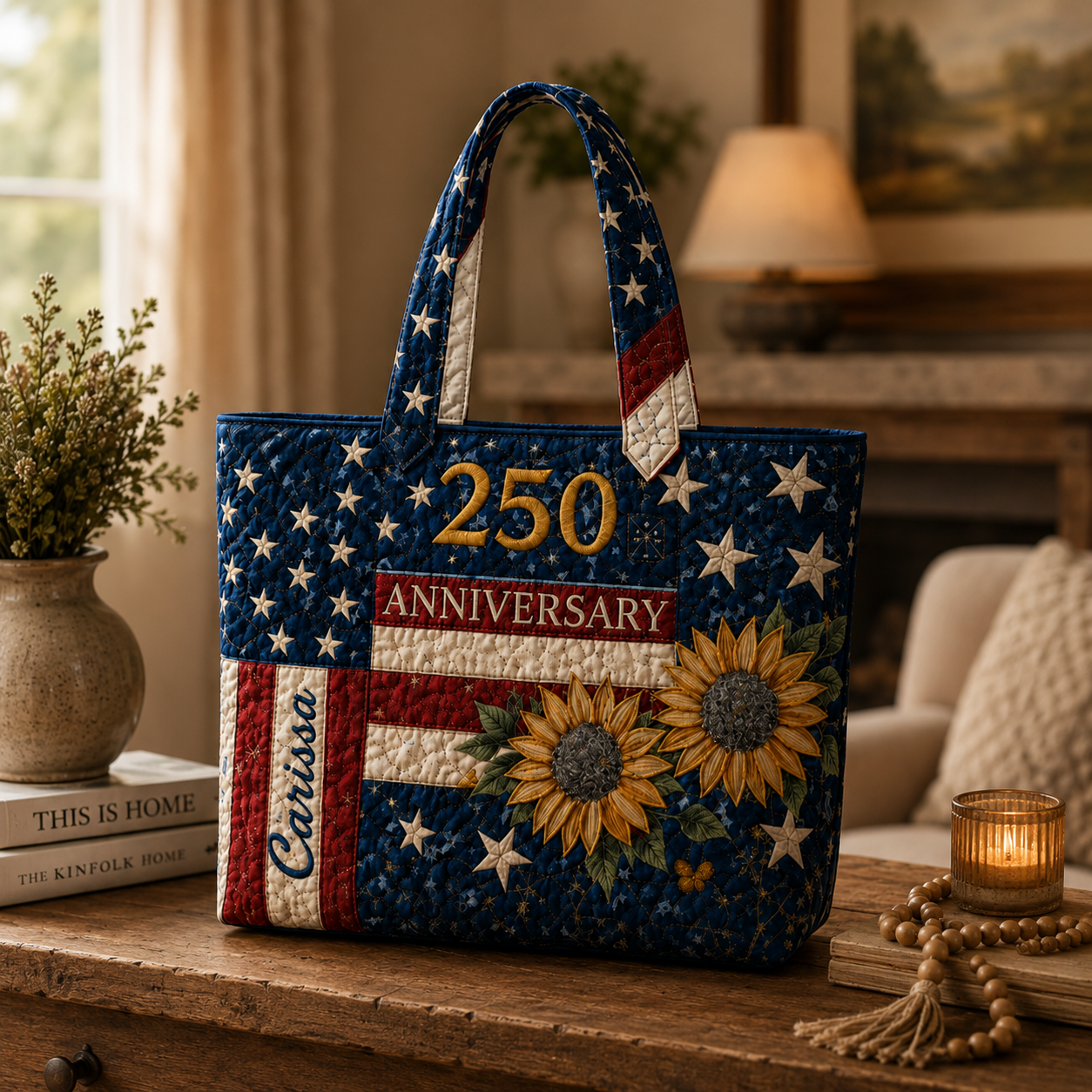 Personalized Patriotic Sunflower Quilted Tote Bag Gift for Her