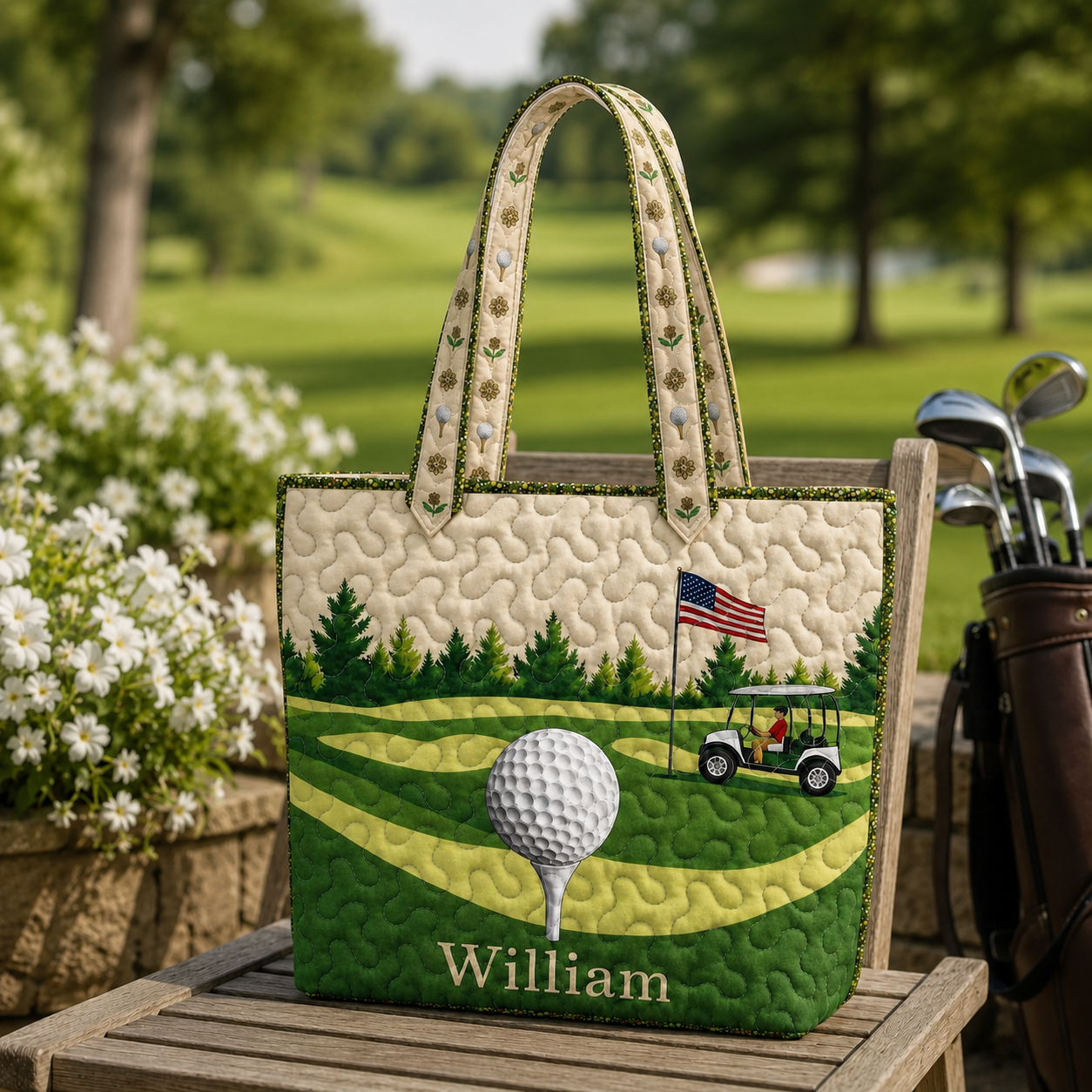 Personalized Quilted Tote Bag Golf Course Design Gift for Golf Lovers