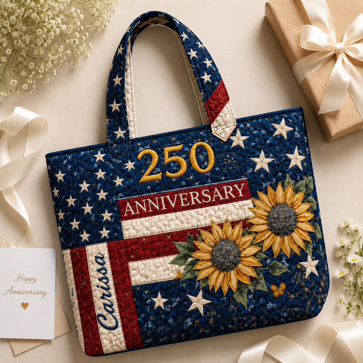 Personalized Patriotic Sunflower Quilted Tote Bag Gift for Her