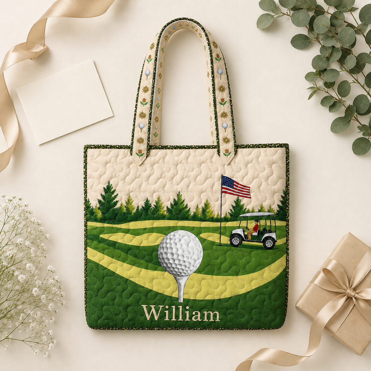 Personalized Quilted Tote Bag Golf Course Design Gift for Golf Lovers