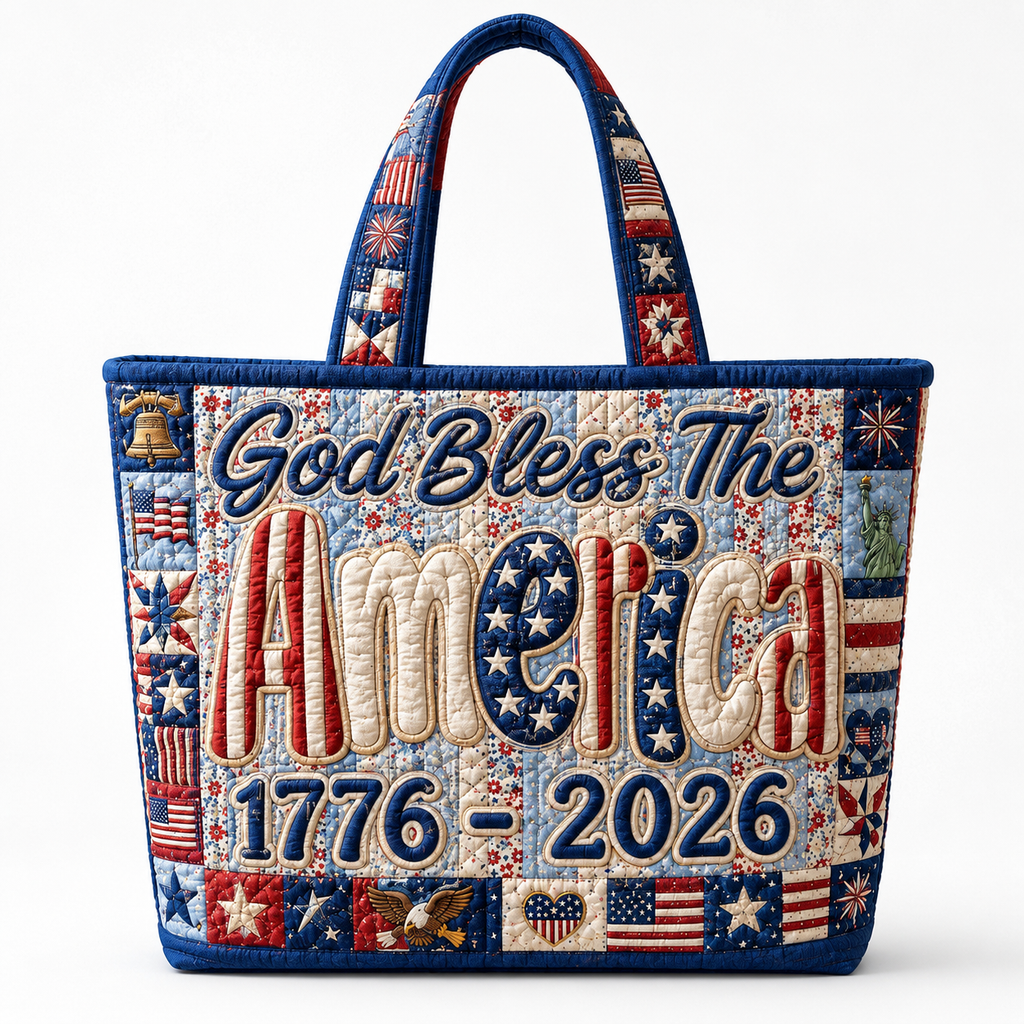 Quilted Tote Bag God Bless America 1776-2026 Patriotic Gift for Her