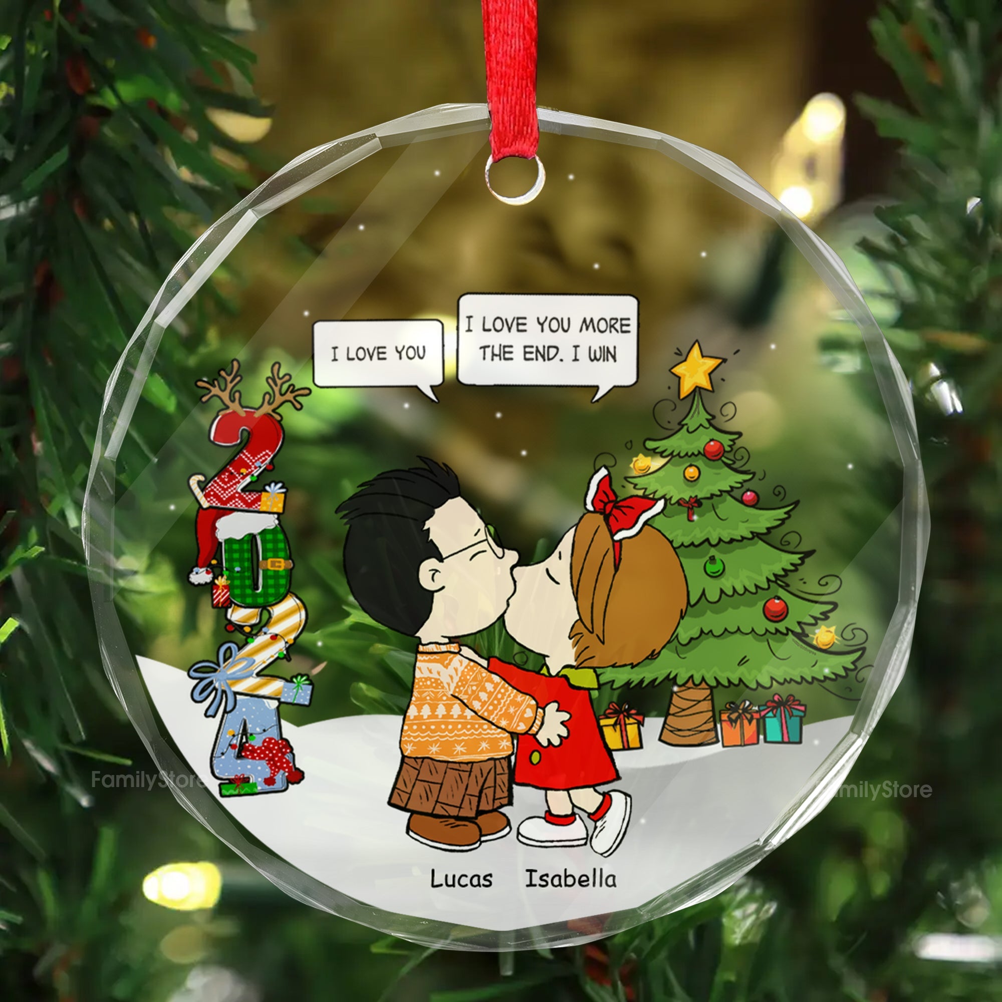 Personalized Glass Ornament with Cartoon Couple Design for Christmas Gift