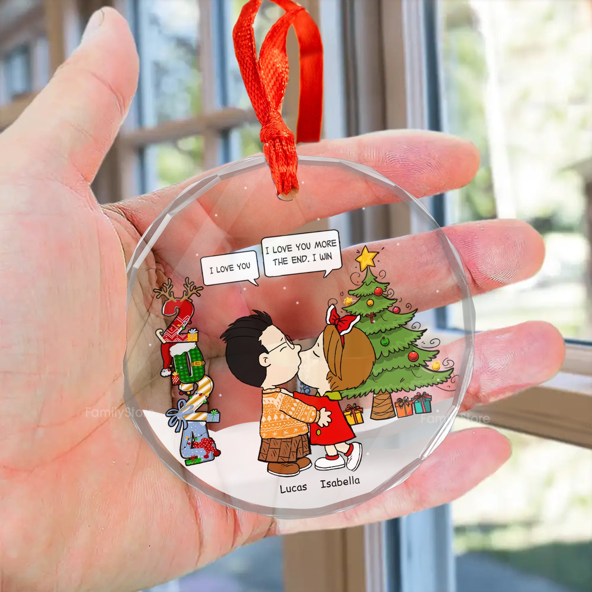 Personalized Glass Ornament with Cartoon Couple Design for Christmas Gift