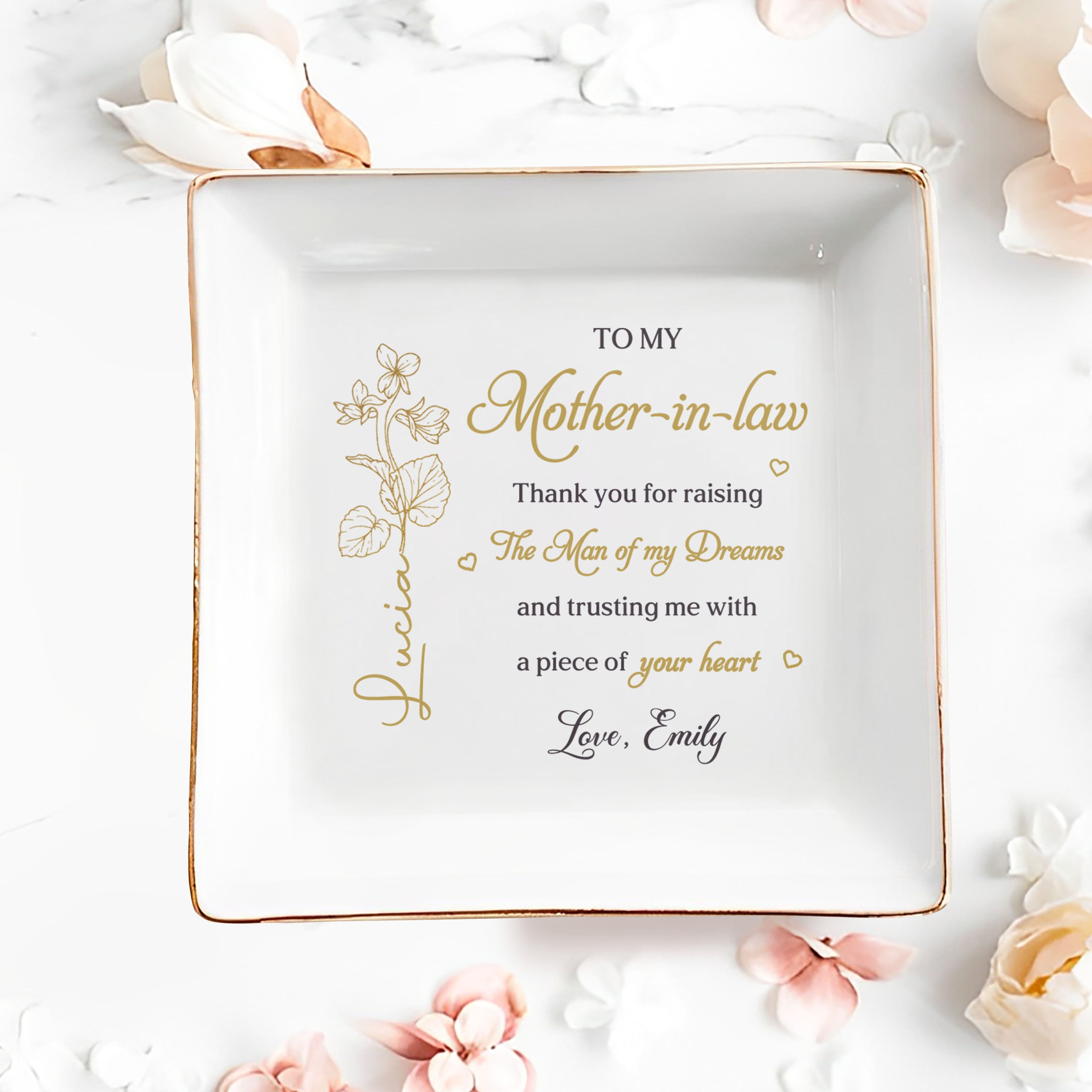 Personalized Birth Month Flower Jewelry Dish Gift for Mother-in-Law Jewelry Dish GradoCreations