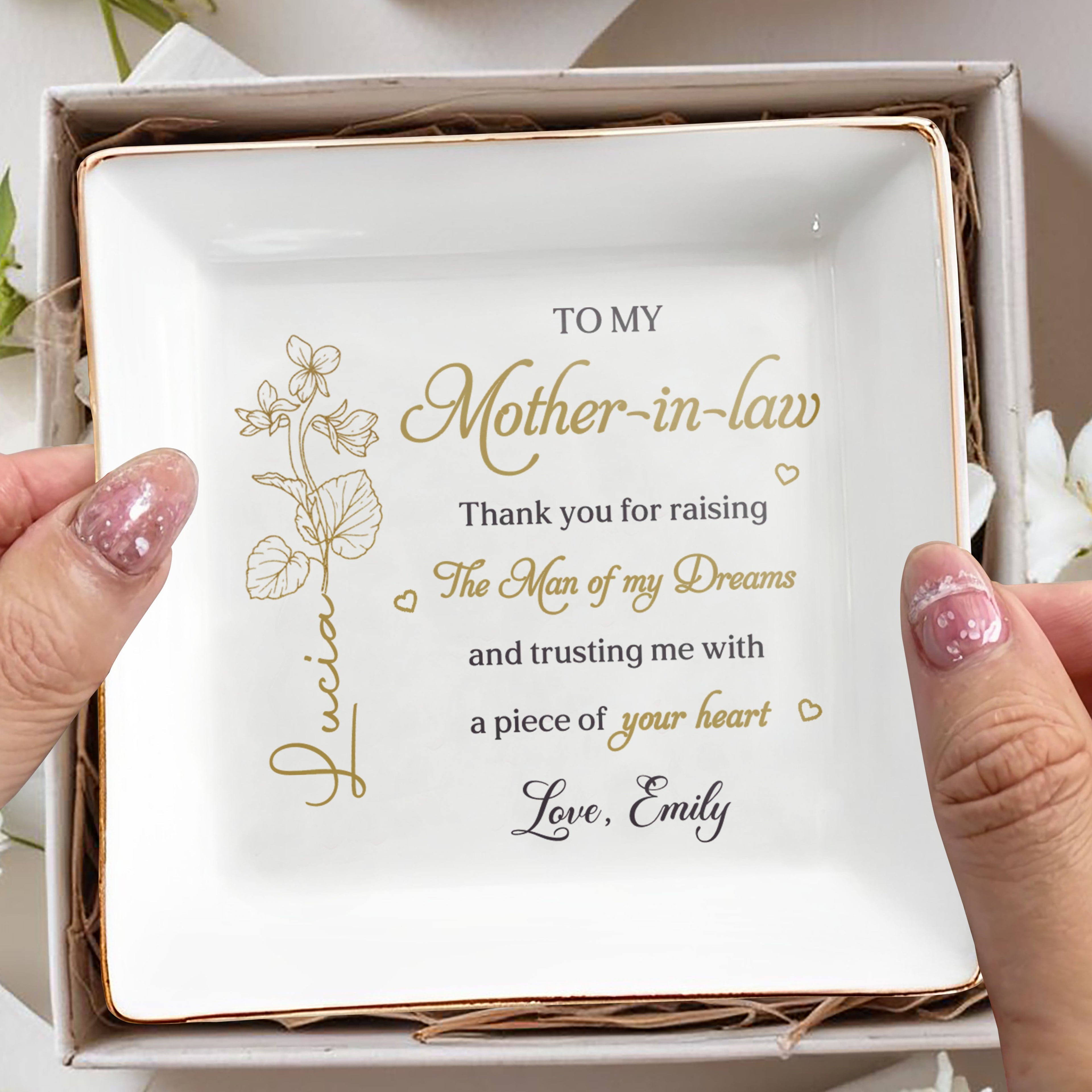 Personalized Birth Month Flower Jewelry Dish Gift for Mother-in-Law Jewelry Dish GradoCreations
