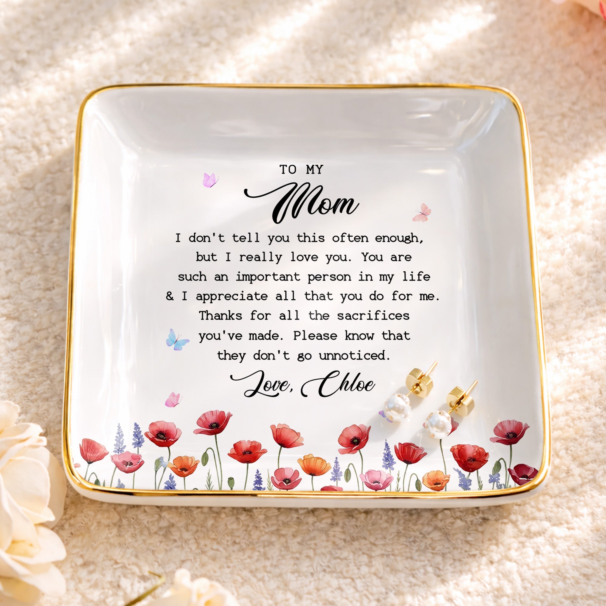 Personalized Ceramic Jewelry Dish Birth Month Flowers Gift for Mom