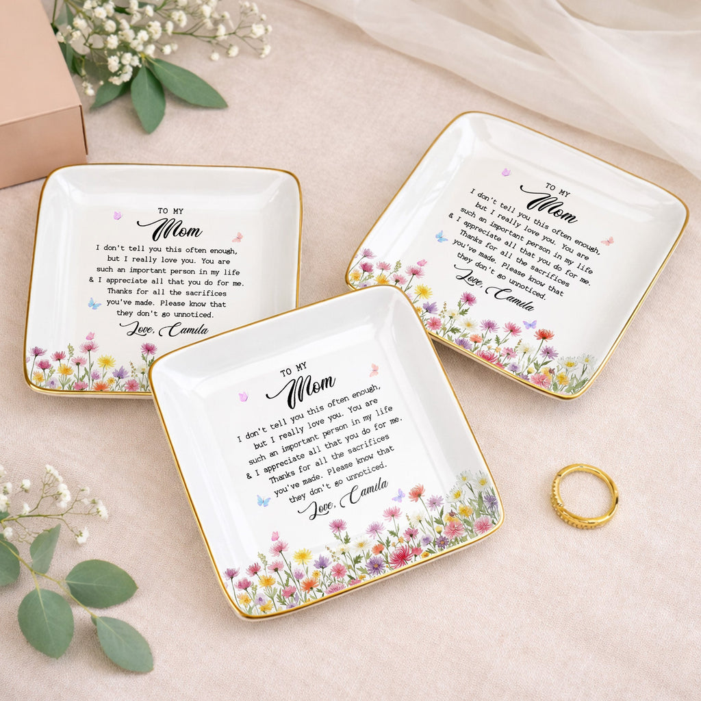 Personalized Ceramic Jewelry Dish Birth Month Flowers Gift for Mom