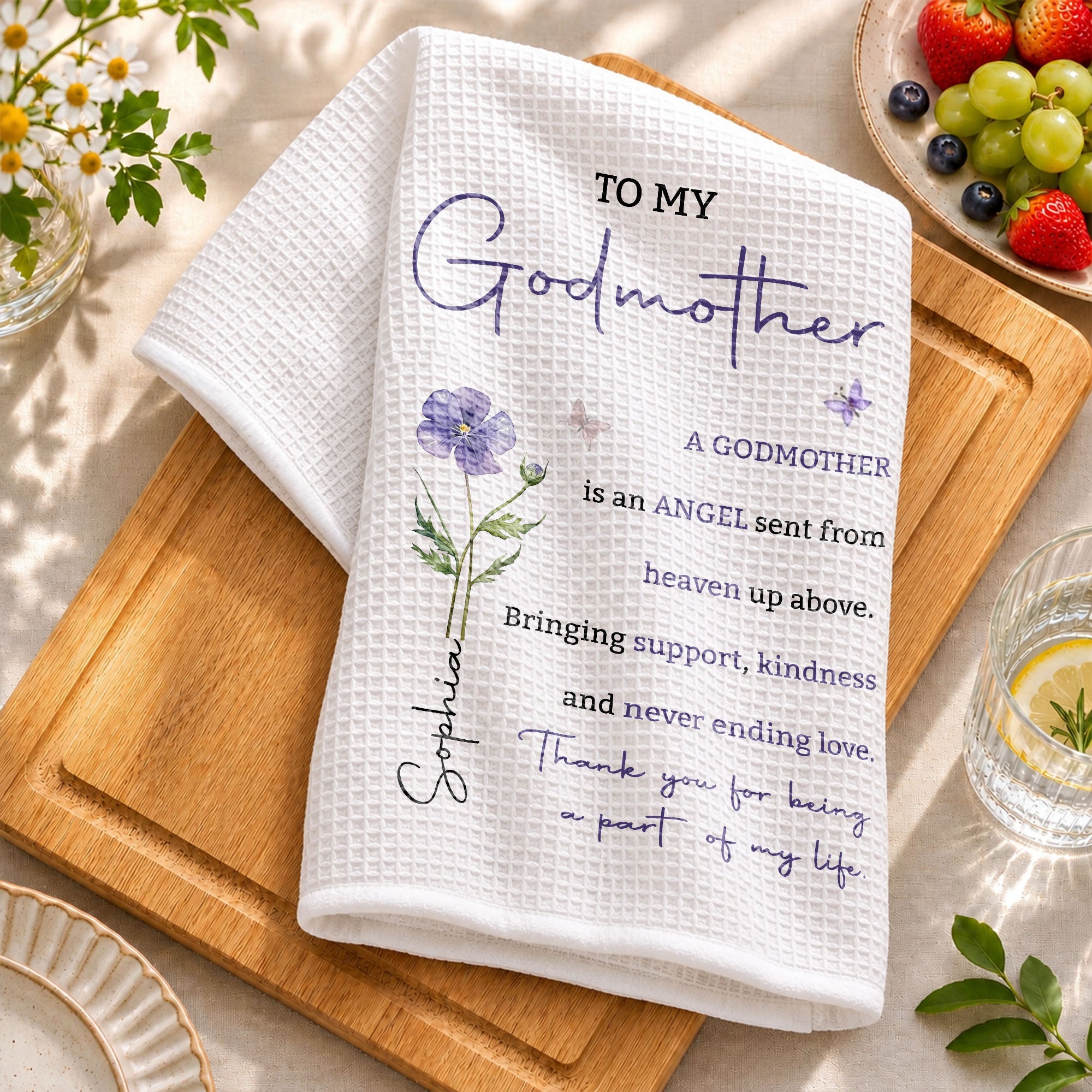 Personalized Kitchen Towel Gift for Godmother with Birth Flower Kitchen Towel GradoCreations