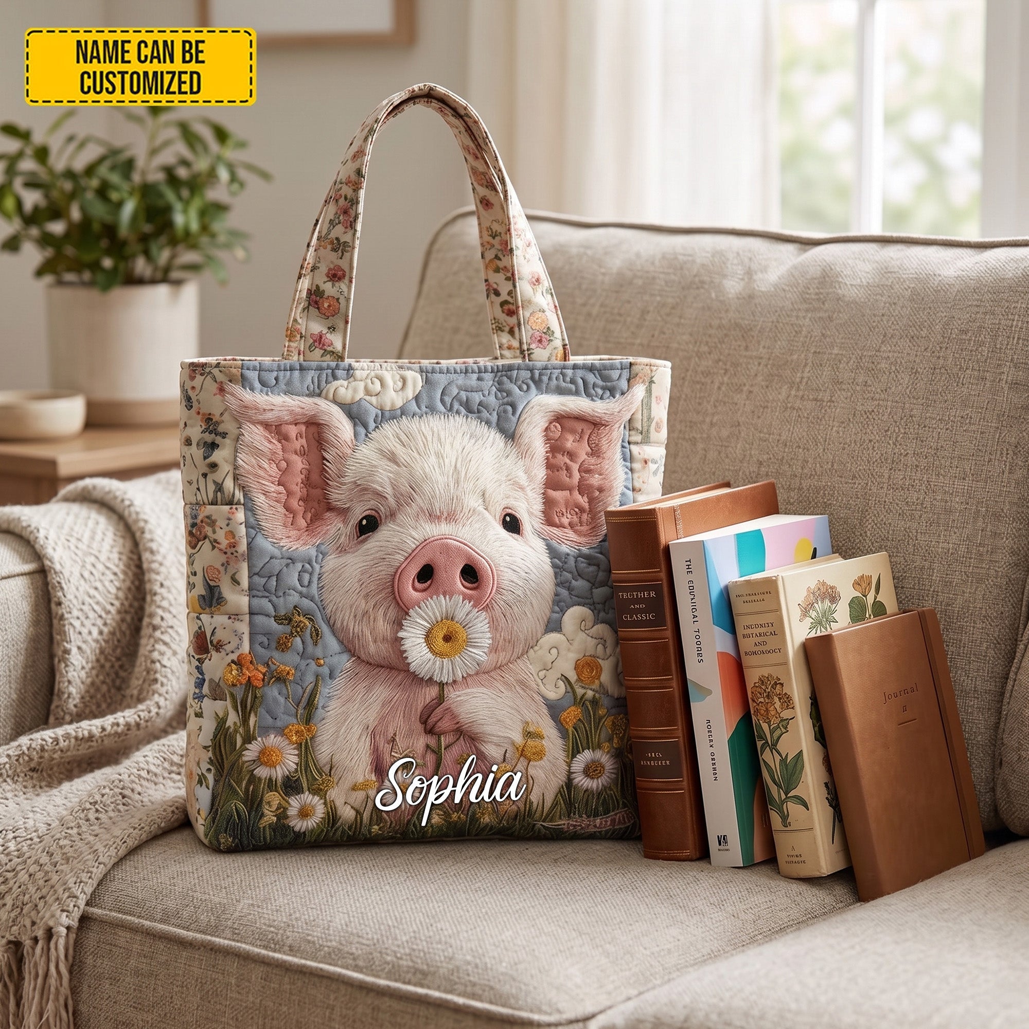 Personalized Cute Farm Piglet Quilted Tote Bag Gift for Her