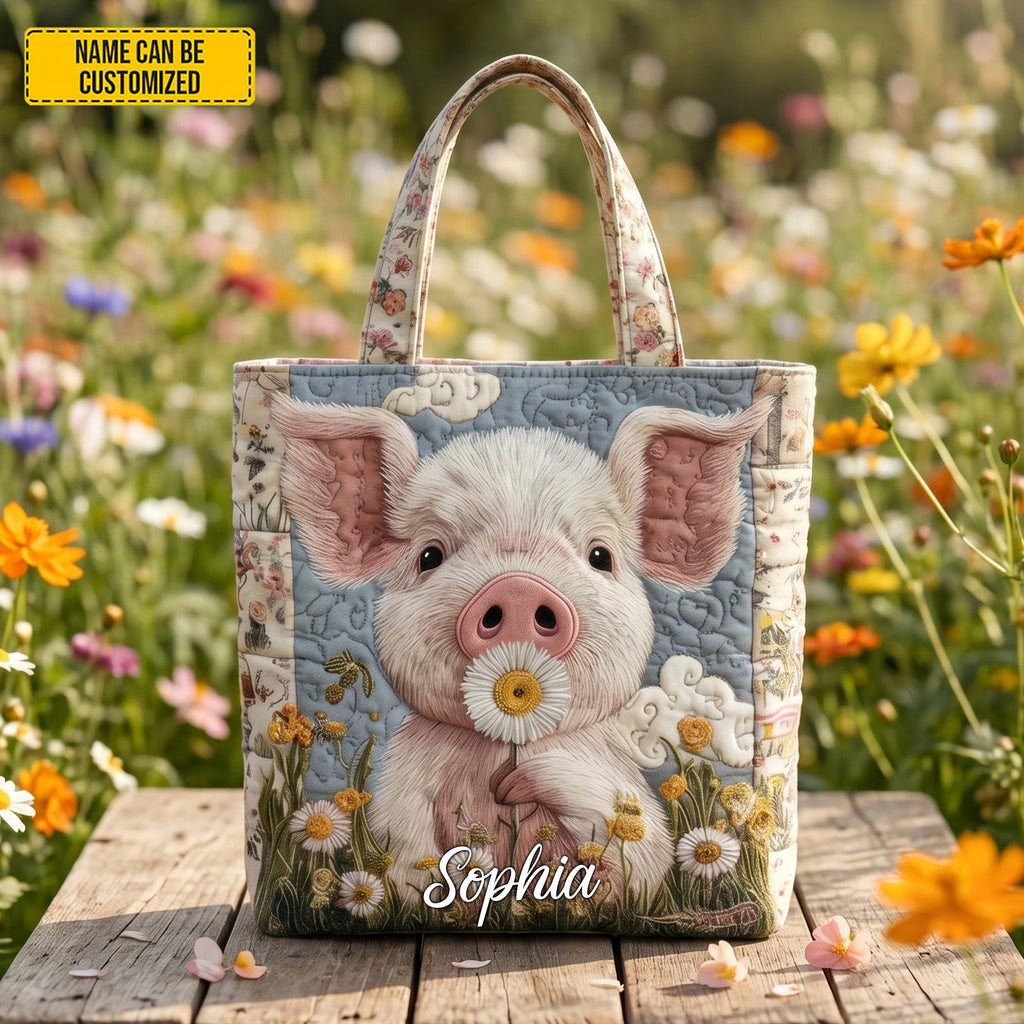 Personalized Cute Farm Piglet Quilted Tote Bag Gift for Her