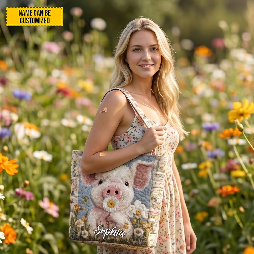 Personalized Cute Farm Piglet Quilted Tote Bag Gift for Her