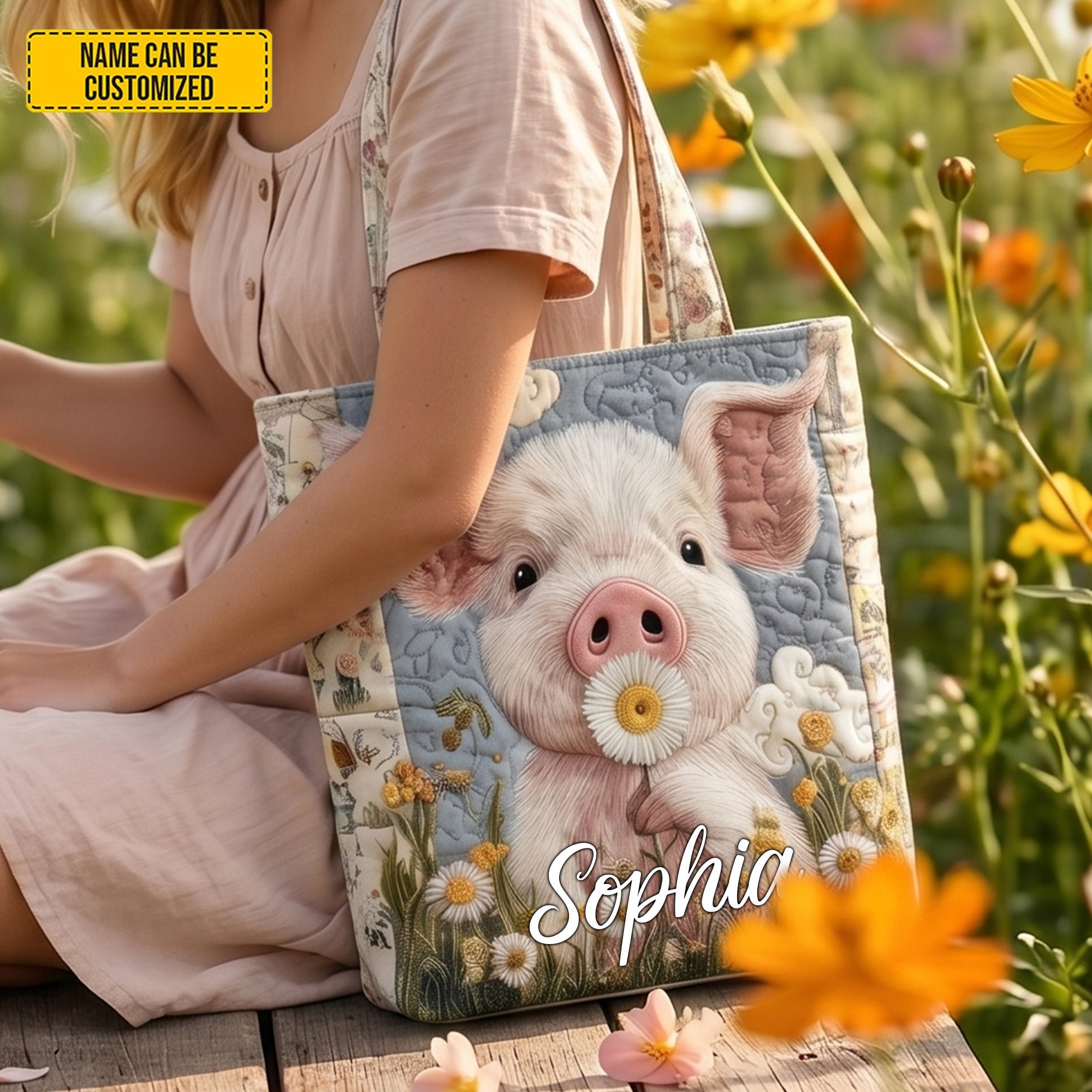 Personalized Cute Farm Piglet Quilted Tote Bag Gift for Her