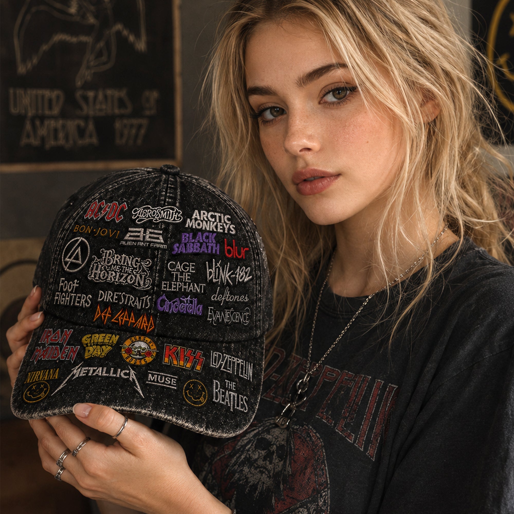Vintage Rock Band All-Over Print Cap Customizable Gift for Music Lovers GradoCreations