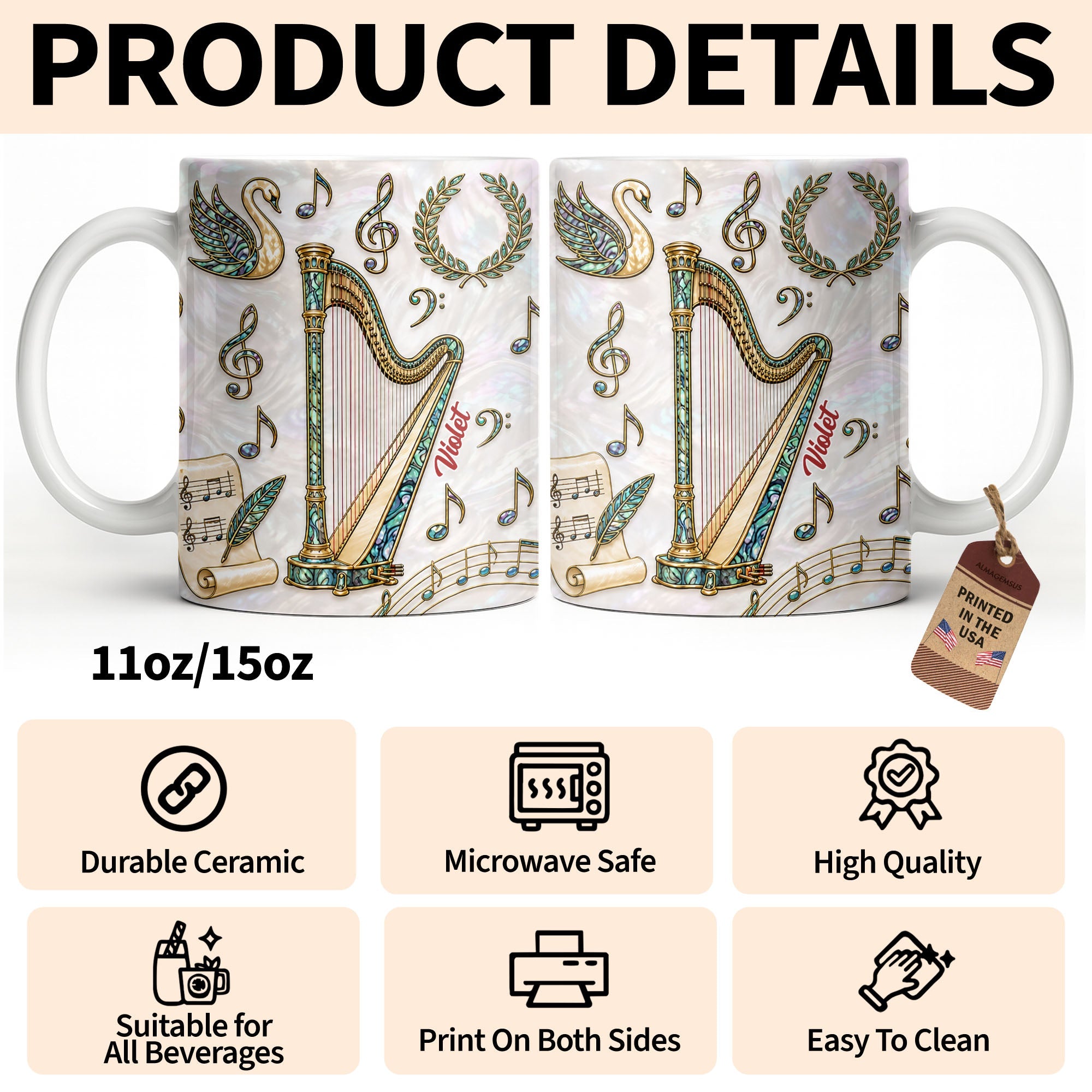 Personalized Musical Notes Coffee Mug Custom Gift for Music Lovers Edge-to-edge Mug GradoCreations