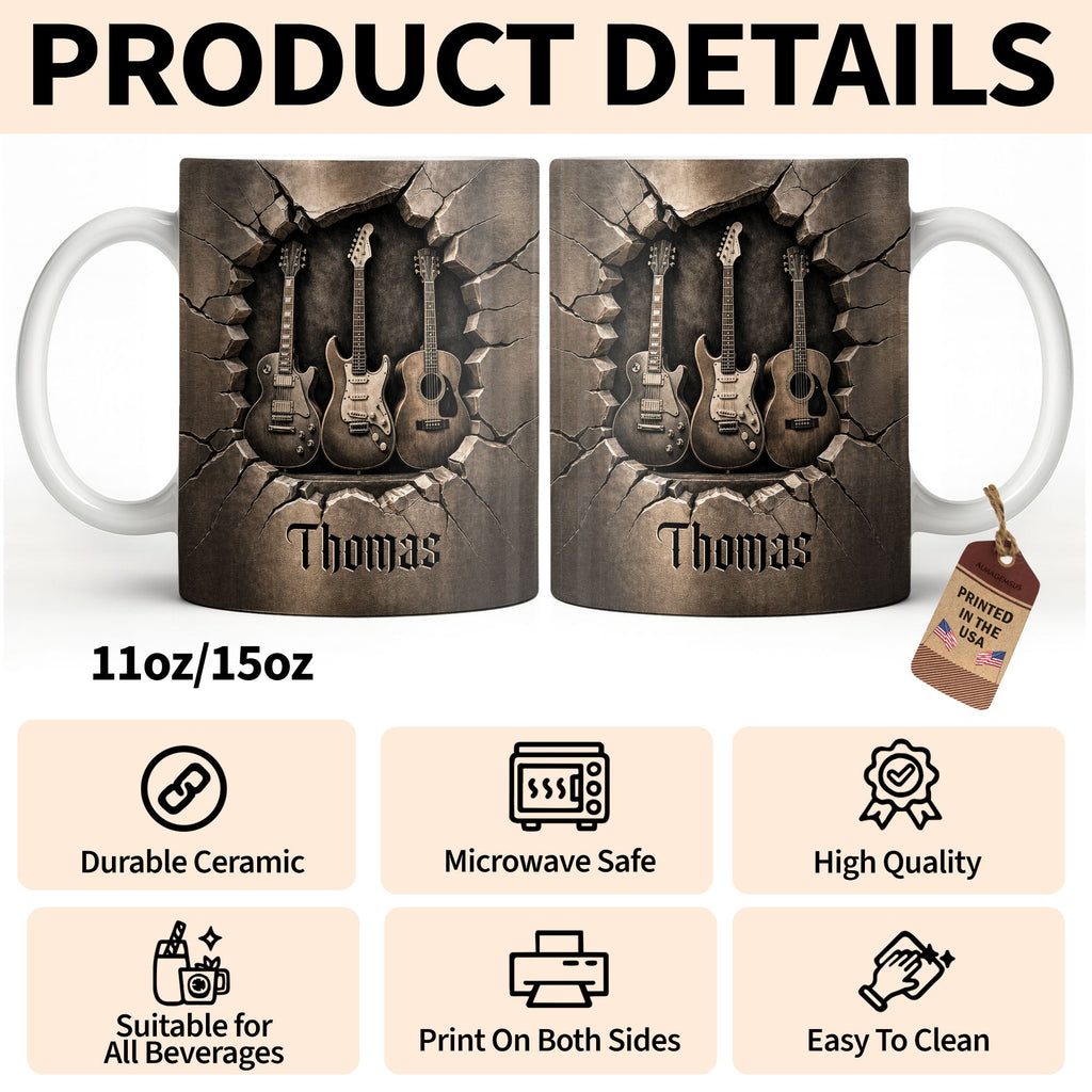 Personalized 3D Effect Guitar Coffee Mug Gift for Music Lovers Edge-to-edge Mug GradoCreations