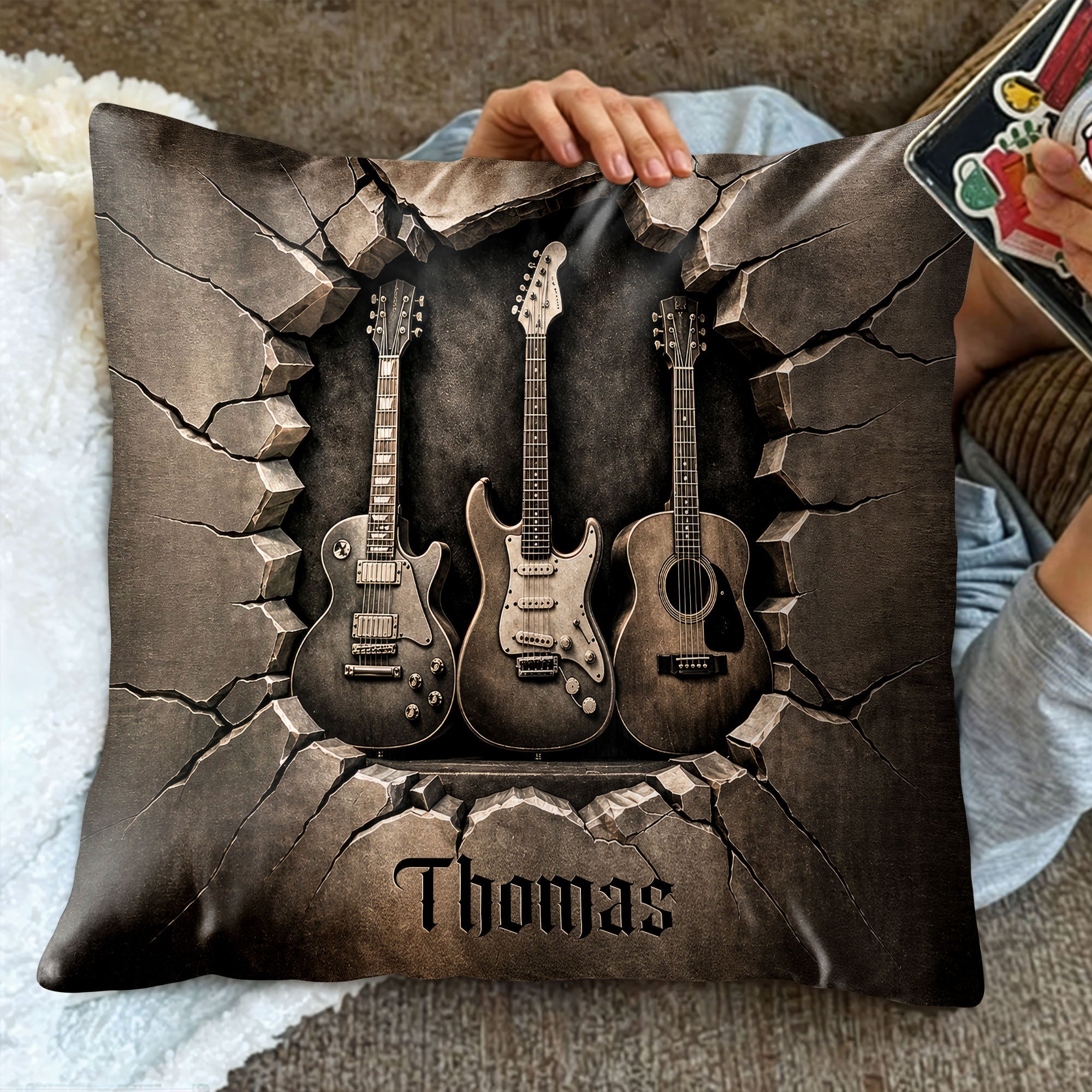 Personalized Guitar Lover Pillow Custom Name 3D Stone Effect Gift