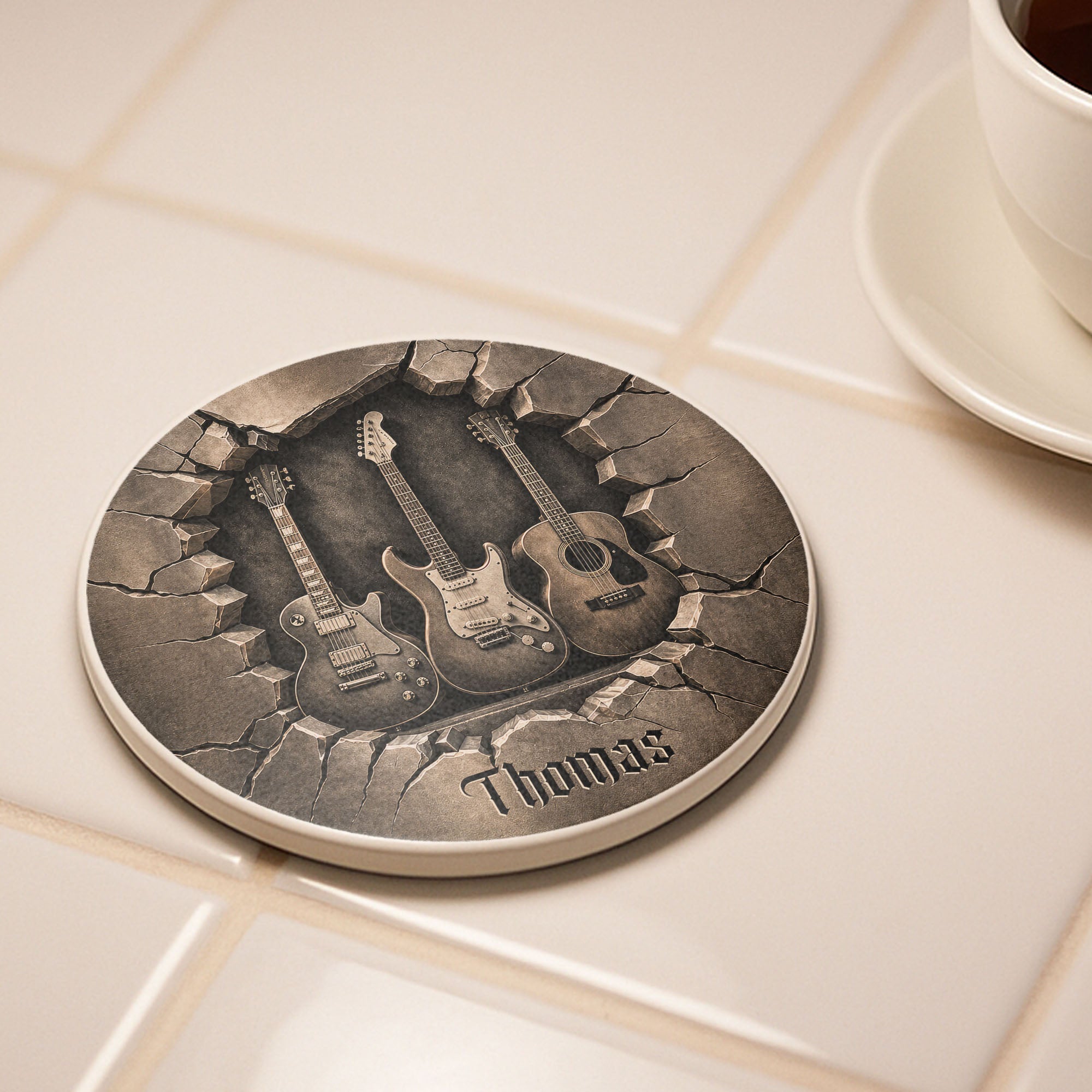 Personalized Ceramic Coaster with 3D Guitars Gift for Music Lovers Ceramic Coaster GradoCreations