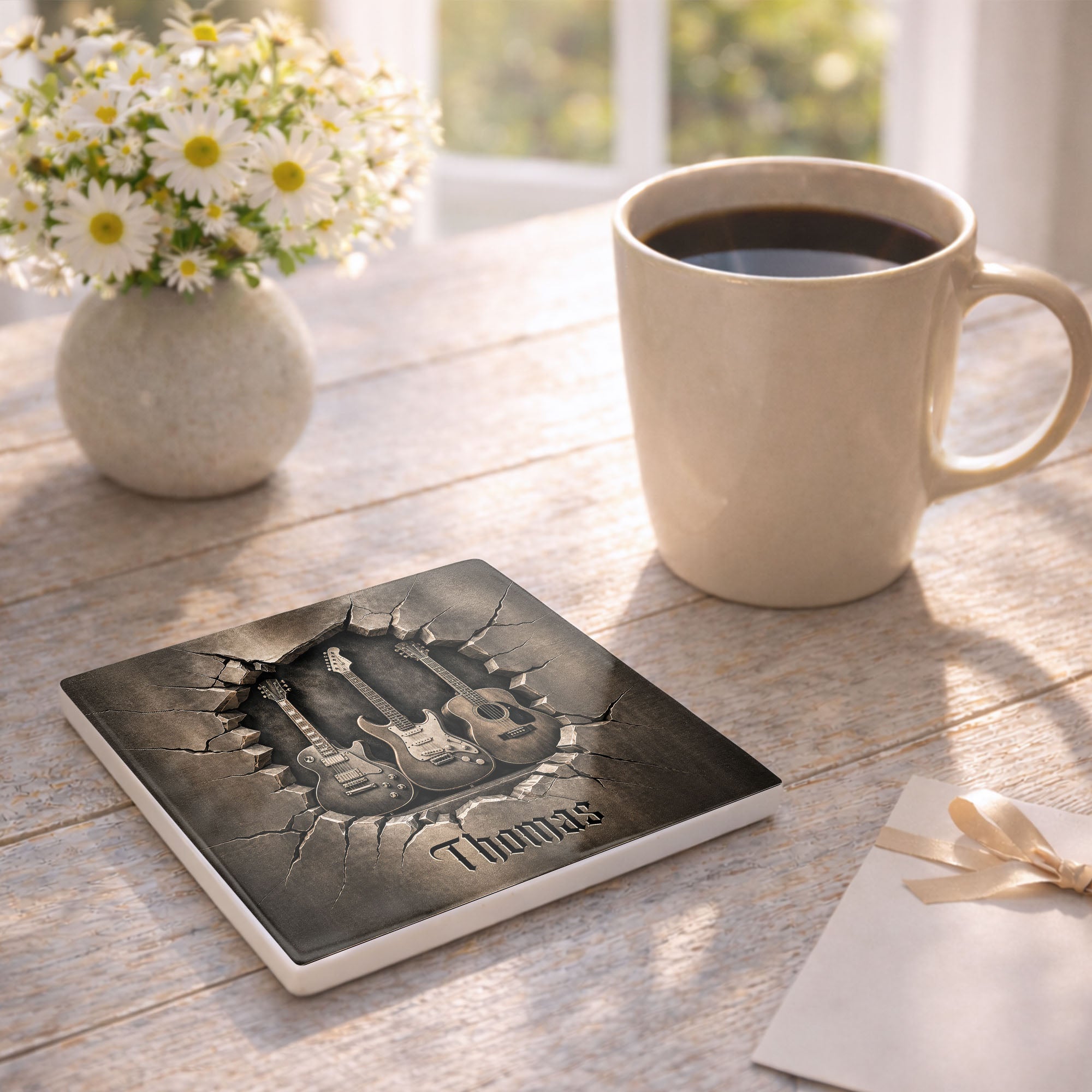 Personalized Music-Themed Ceramic Coaster Custom Gift for Dad Square Ceramic Coaster GradoCreations