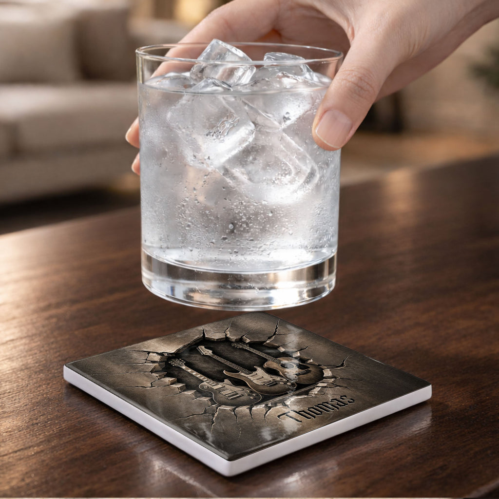 Personalized Music-Themed Ceramic Coaster Custom Gift for Dad Square Ceramic Coaster GradoCreations