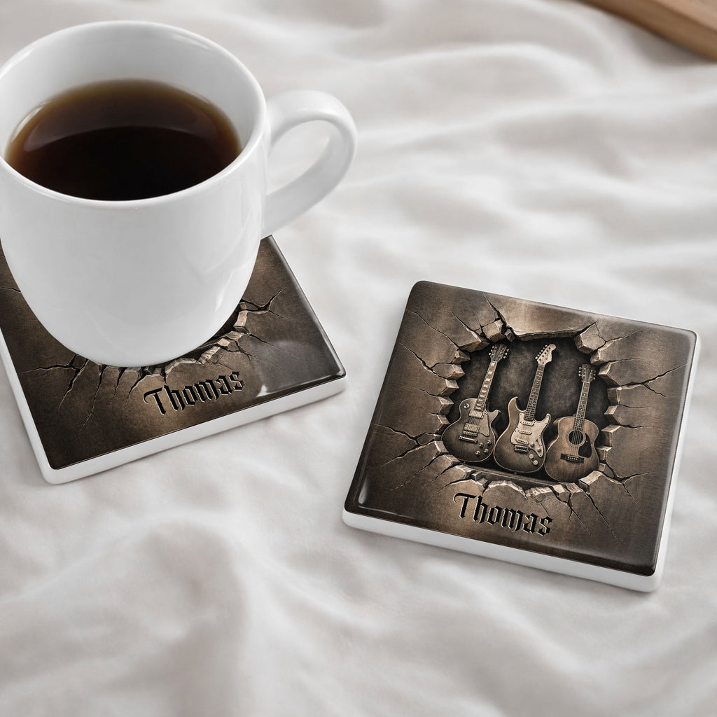 Personalized Music-Themed Ceramic Coaster Custom Gift for Dad Square Ceramic Coaster GradoCreations