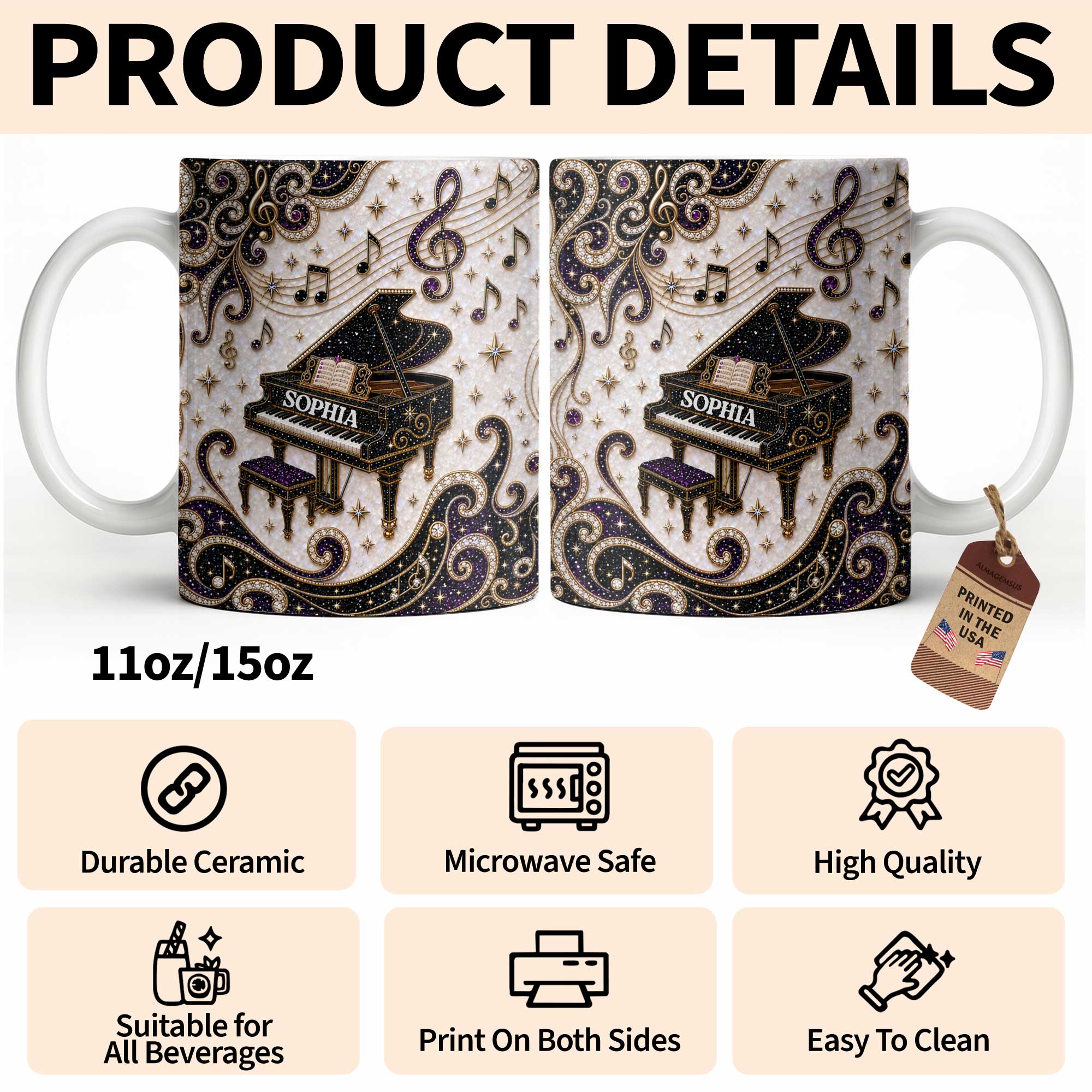 Personalized Music Mug Custom Name Gift for Music Lovers Edge-to-edge Mug GradoCreations