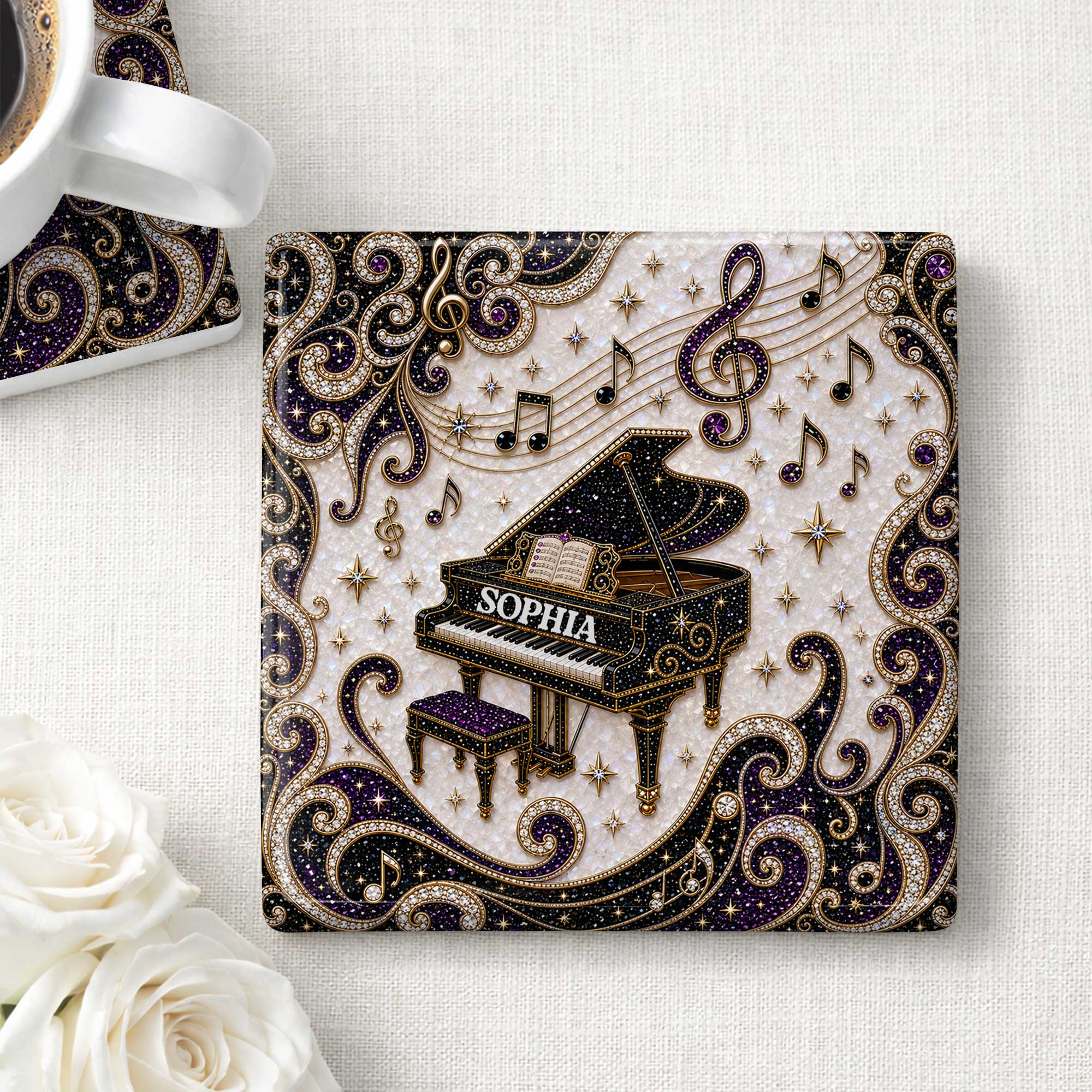 Personalized Ceramic Coaster Custom Music Design Gift for Music Lovers Square Ceramic Coaster GradoCreations