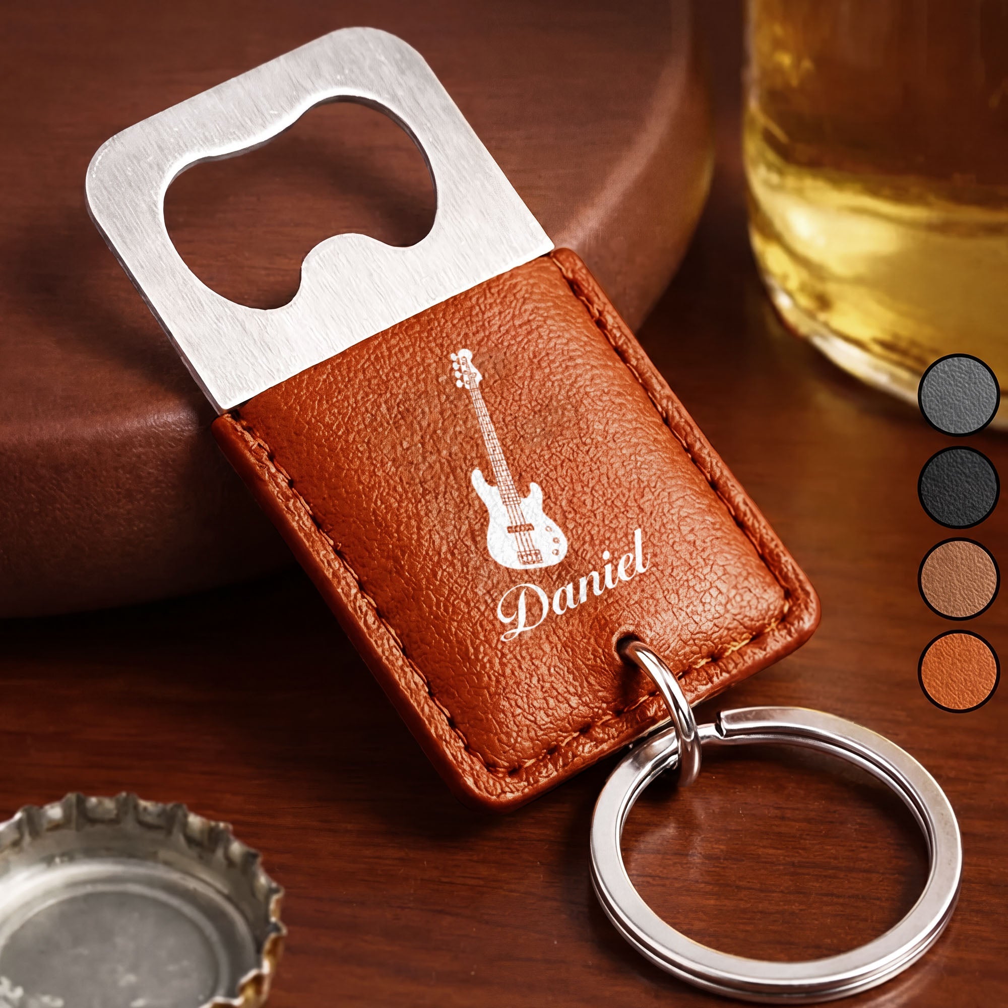 Personalized Leather Bottle Opener Keychain Custom Name Gift for Music Lovers Leather Bottle Opener Keychain GradoCreations