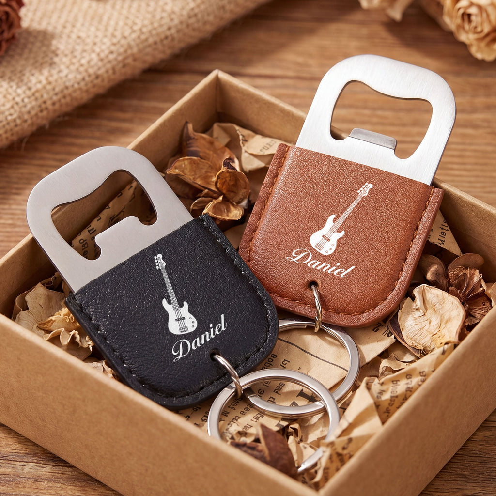 Personalized Leather Bottle Opener Keychain Custom Name Gift for Music Lovers Leather Bottle Opener Keychain GradoCreations