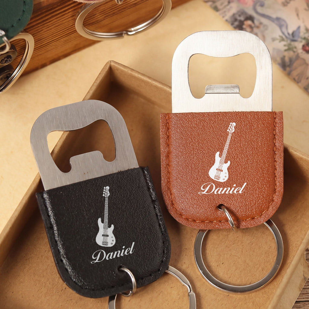 Personalized Leather Bottle Opener Keychain Custom Name Gift for Music Lovers Leather Bottle Opener Keychain GradoCreations