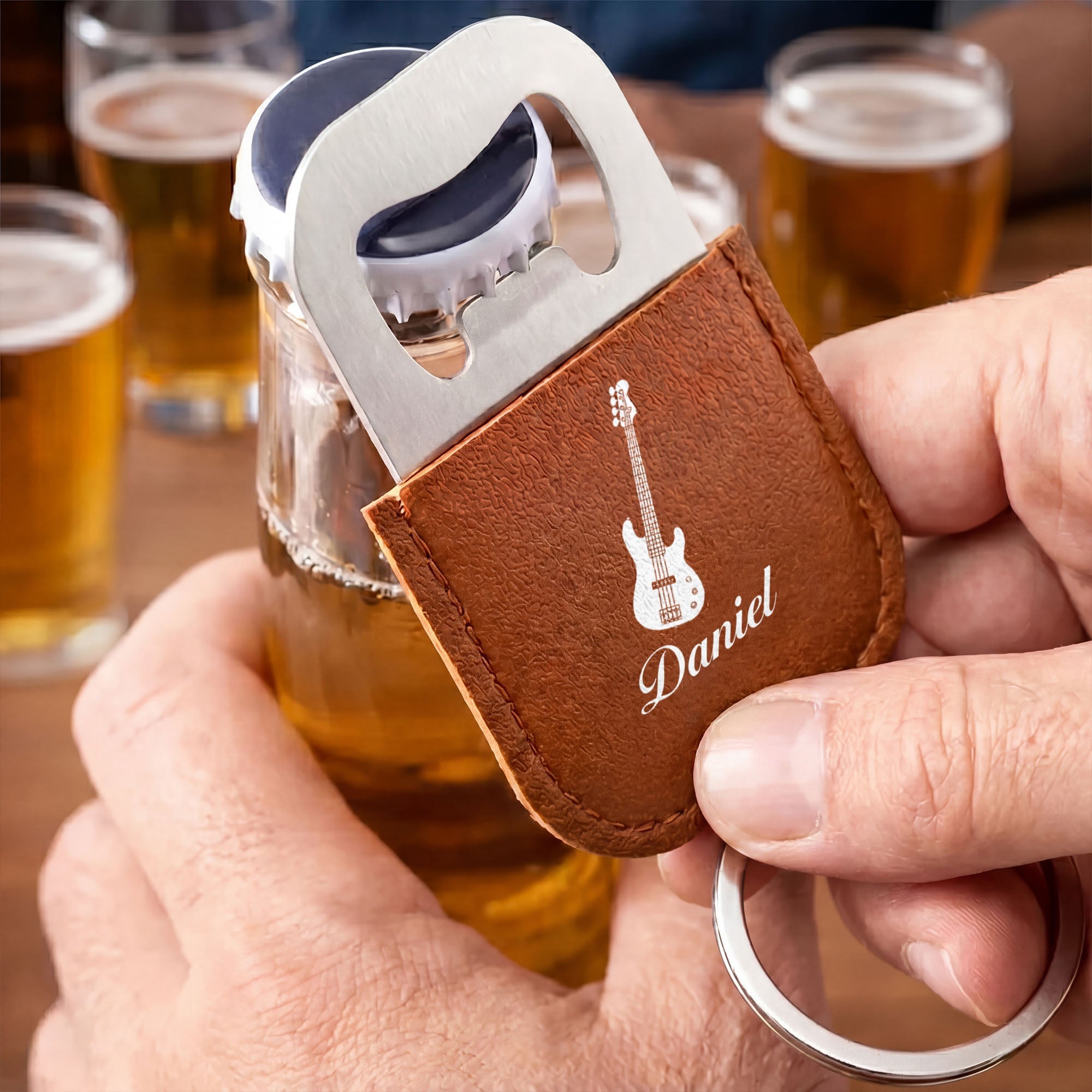 Personalized Leather Bottle Opener Keychain Custom Name Gift for Music Lovers Leather Bottle Opener Keychain GradoCreations