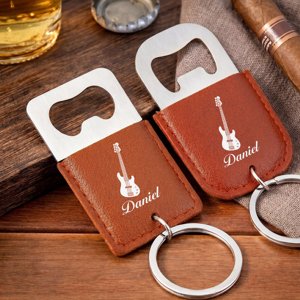 Personalized Leather Bottle Opener Keychain Custom Name Gift for Music Lovers Leather Bottle Opener Keychain GradoCreations