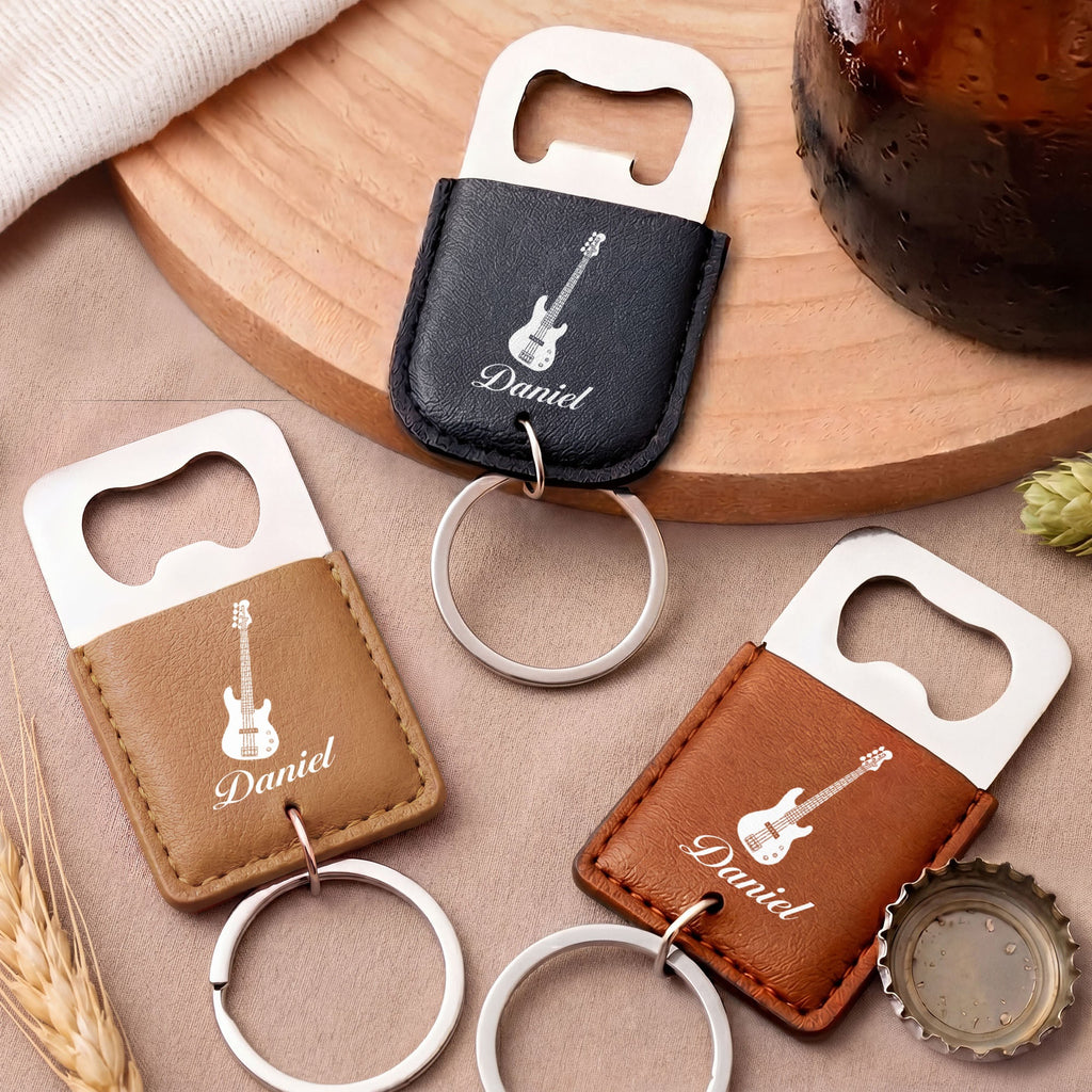 Personalized Leather Bottle Opener Keychain Custom Name Gift for Music Lovers Leather Bottle Opener Keychain GradoCreations