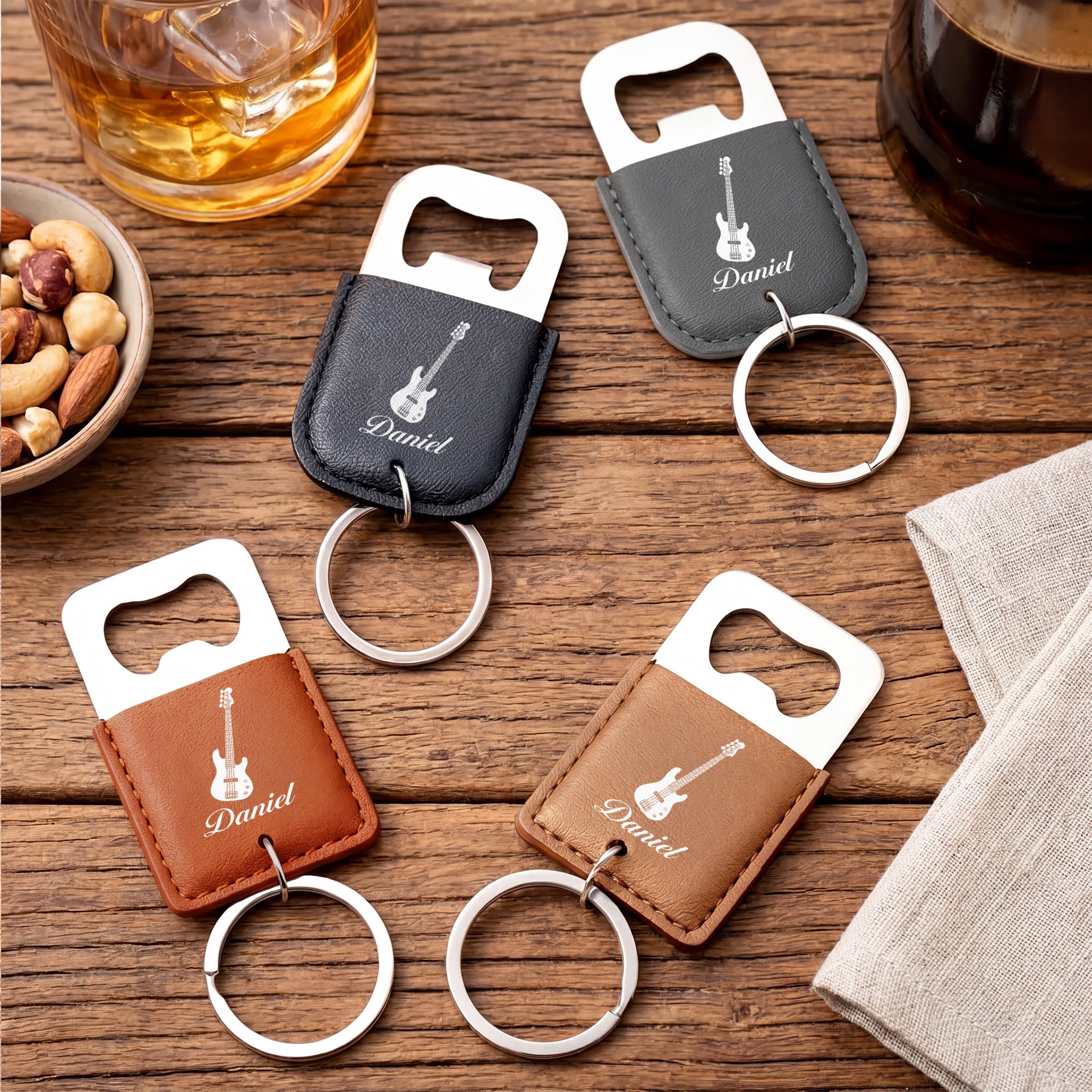 Personalized Leather Bottle Opener Keychain Custom Name Gift for Music Lovers Leather Bottle Opener Keychain GradoCreations