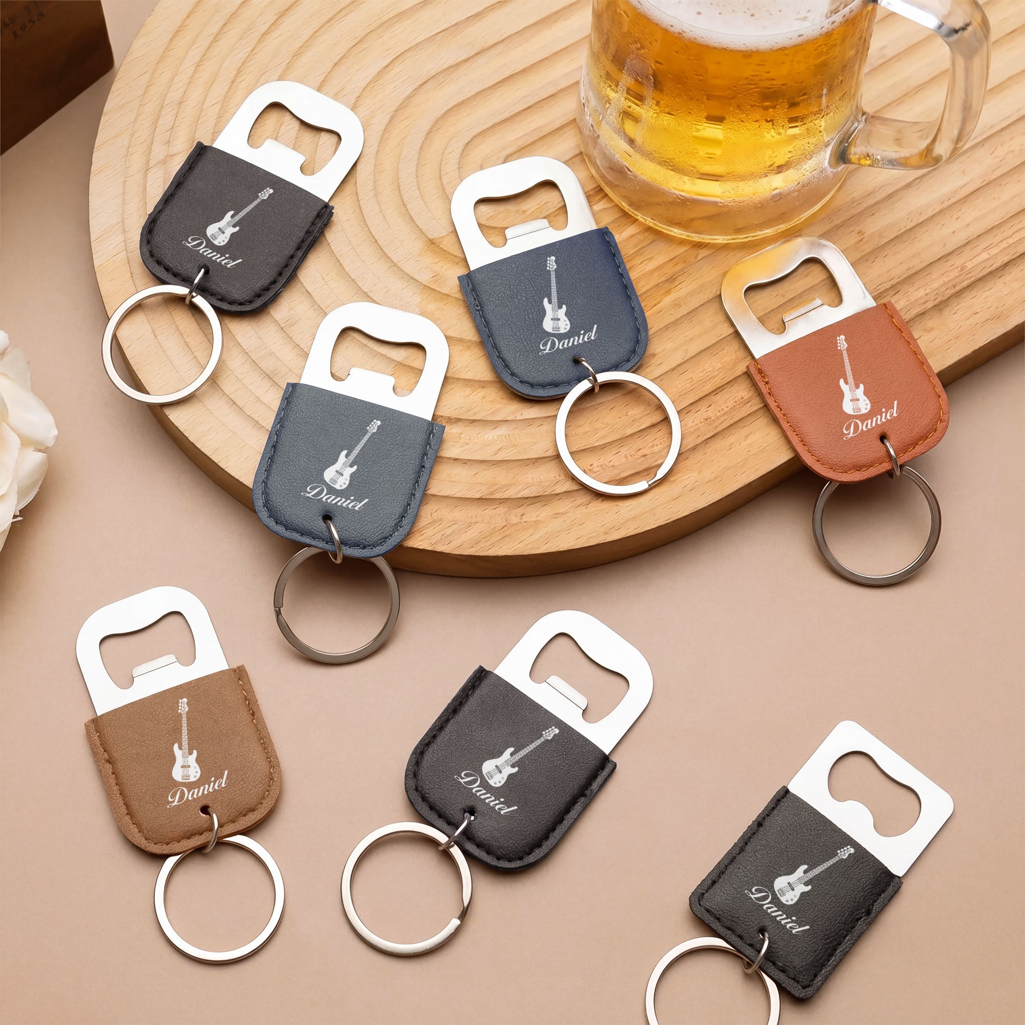 Personalized Leather Bottle Opener Keychain Custom Name Gift for Music Lovers Leather Bottle Opener Keychain GradoCreations