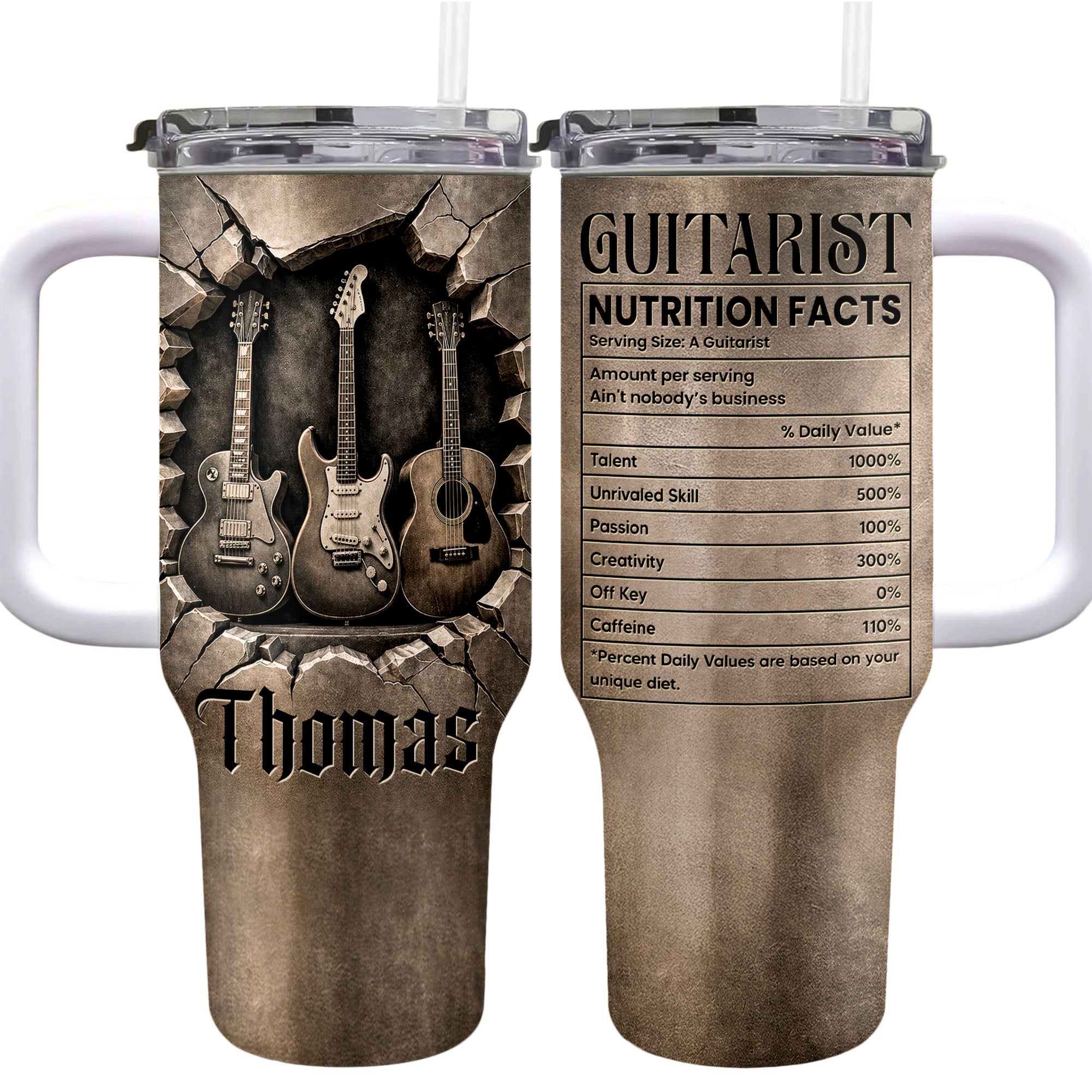 Personalized Guitarist Nutrition Facts Tumbler Custom Name 40oz Gift for Music Lovers 40oz Tumbler GradoCreations