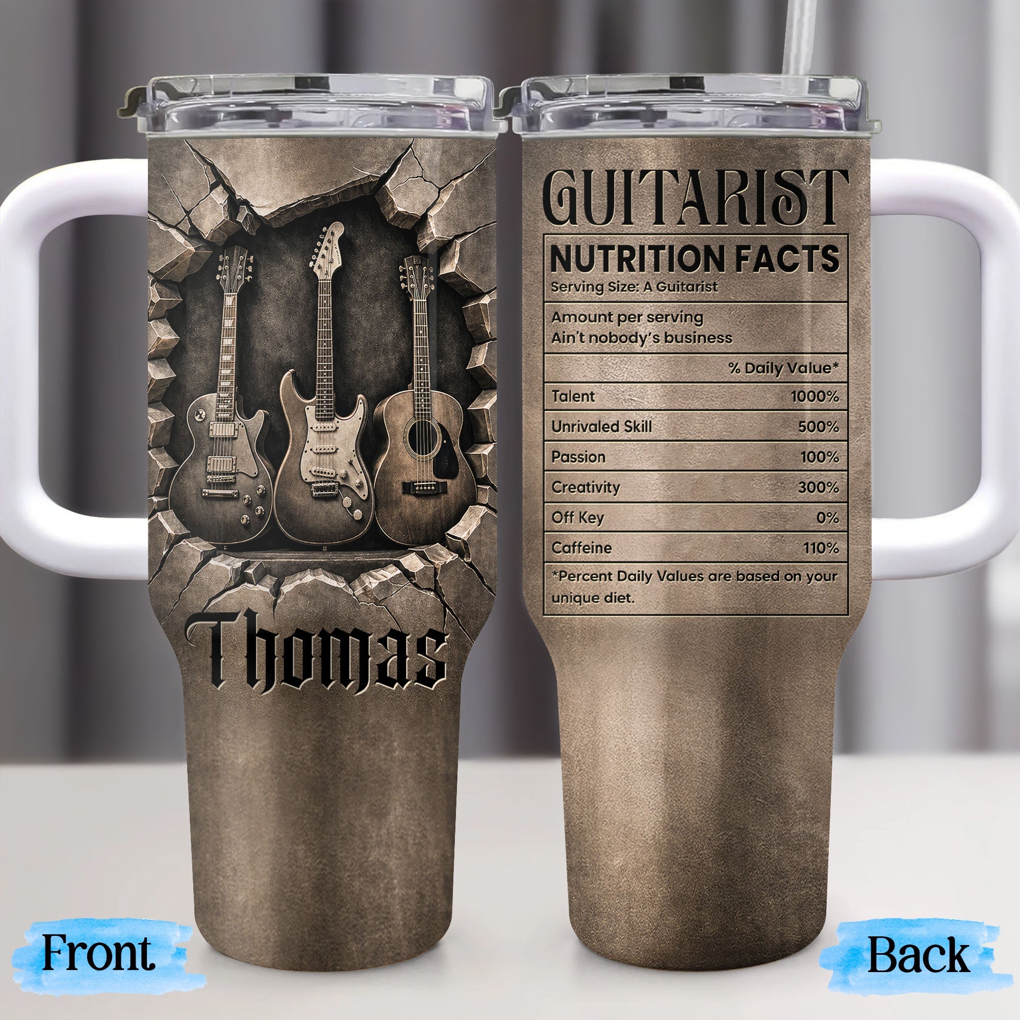 Personalized Guitarist Nutrition Facts Tumbler Custom Name 40oz Gift for Music Lovers 40oz Tumbler GradoCreations