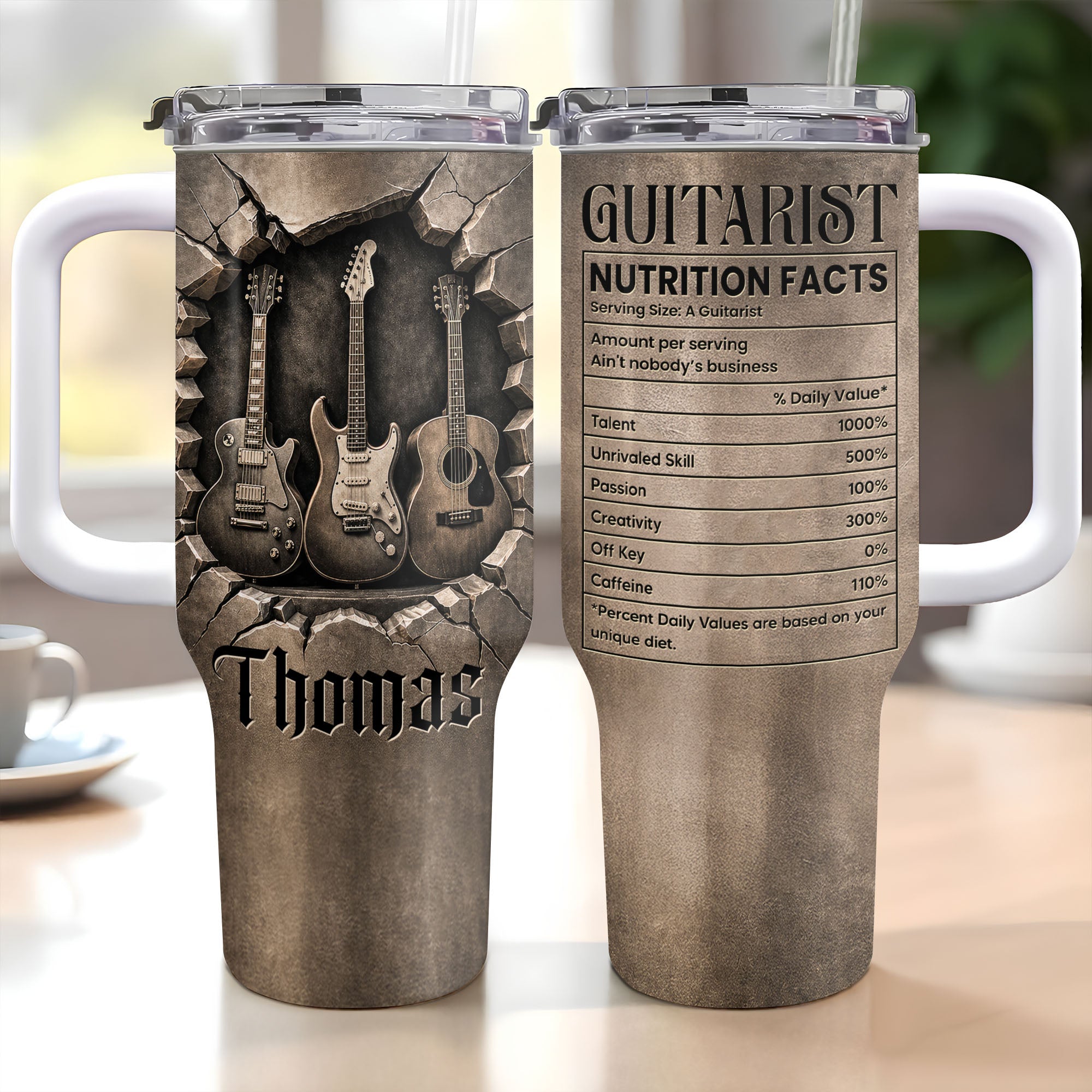 Personalized Guitarist Nutrition Facts Tumbler Custom Name 40oz Gift for Music Lovers 40oz Tumbler GradoCreations