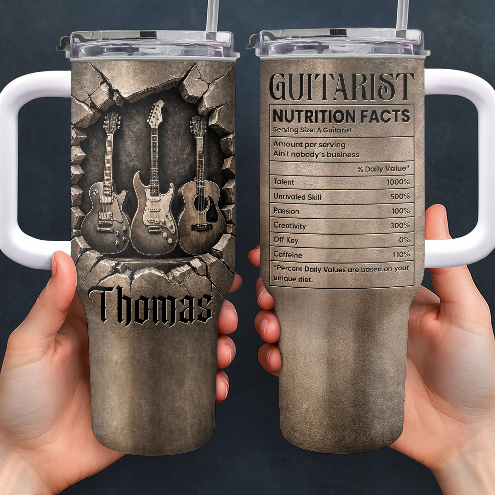 Personalized Guitarist Nutrition Facts Tumbler Custom Name 40oz Gift for Music Lovers 40oz Tumbler GradoCreations