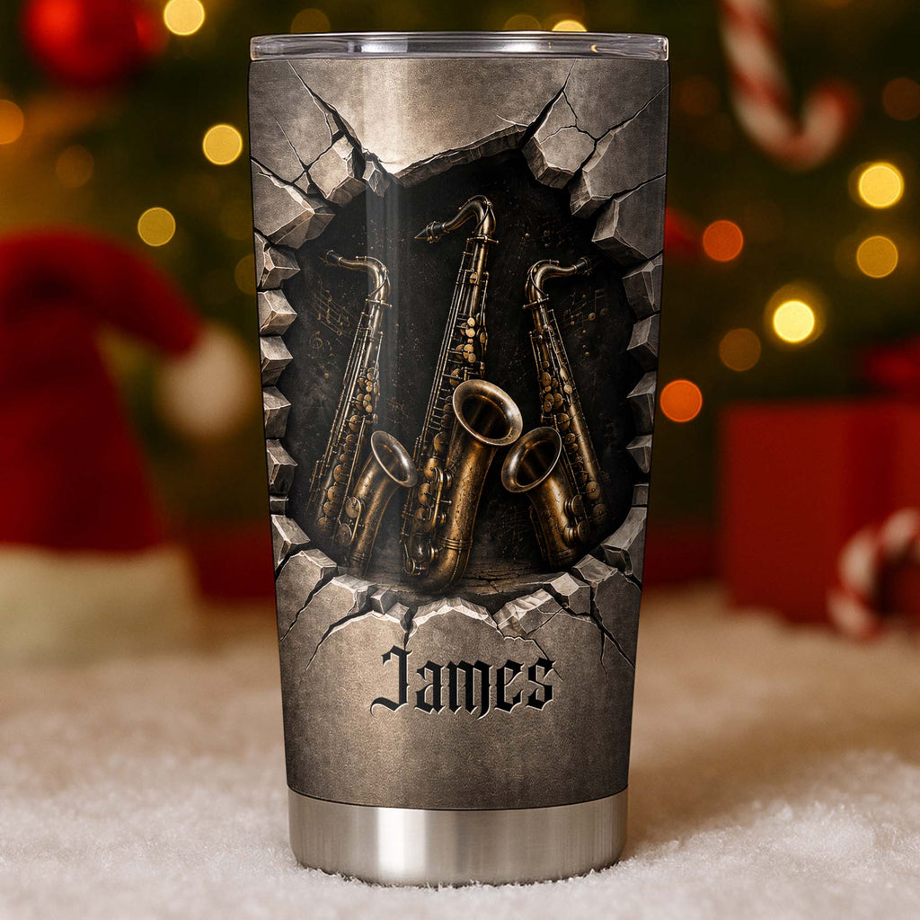 Personalized Music Lover Tumbler with Saxophones Custom Name Gift for Dad