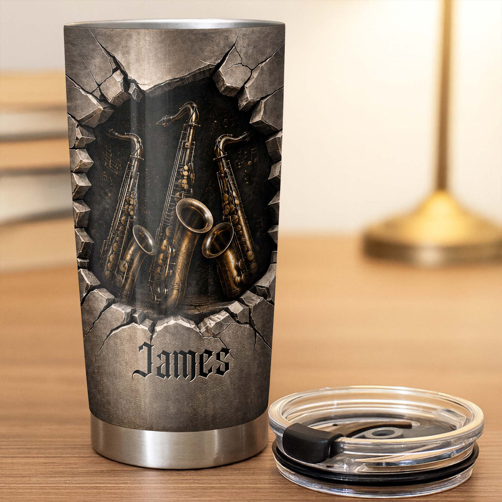 Personalized Music Lover Tumbler with Saxophones Custom Name Gift for Dad