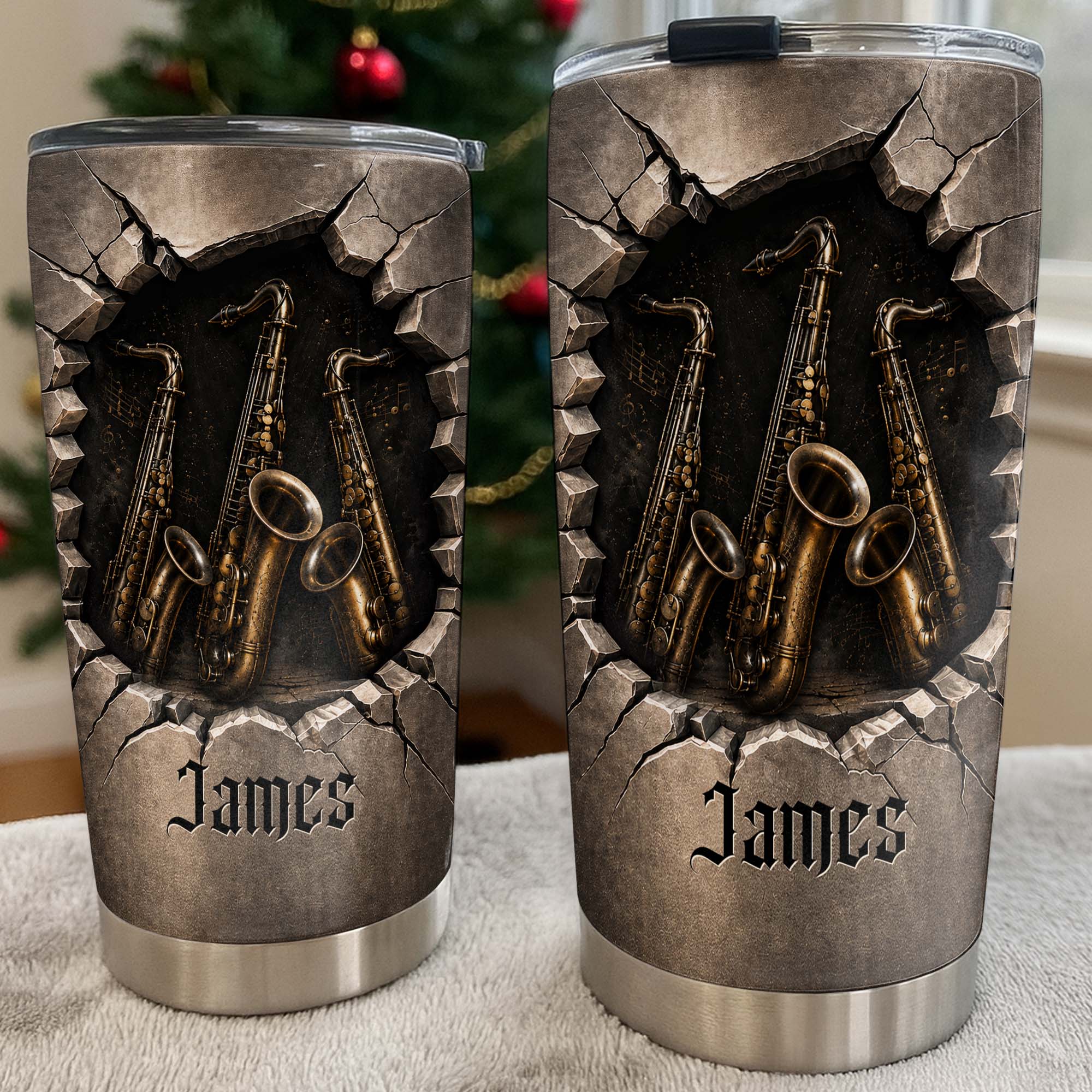 Personalized Music Lover Tumbler with Saxophones Custom Name Gift for Dad