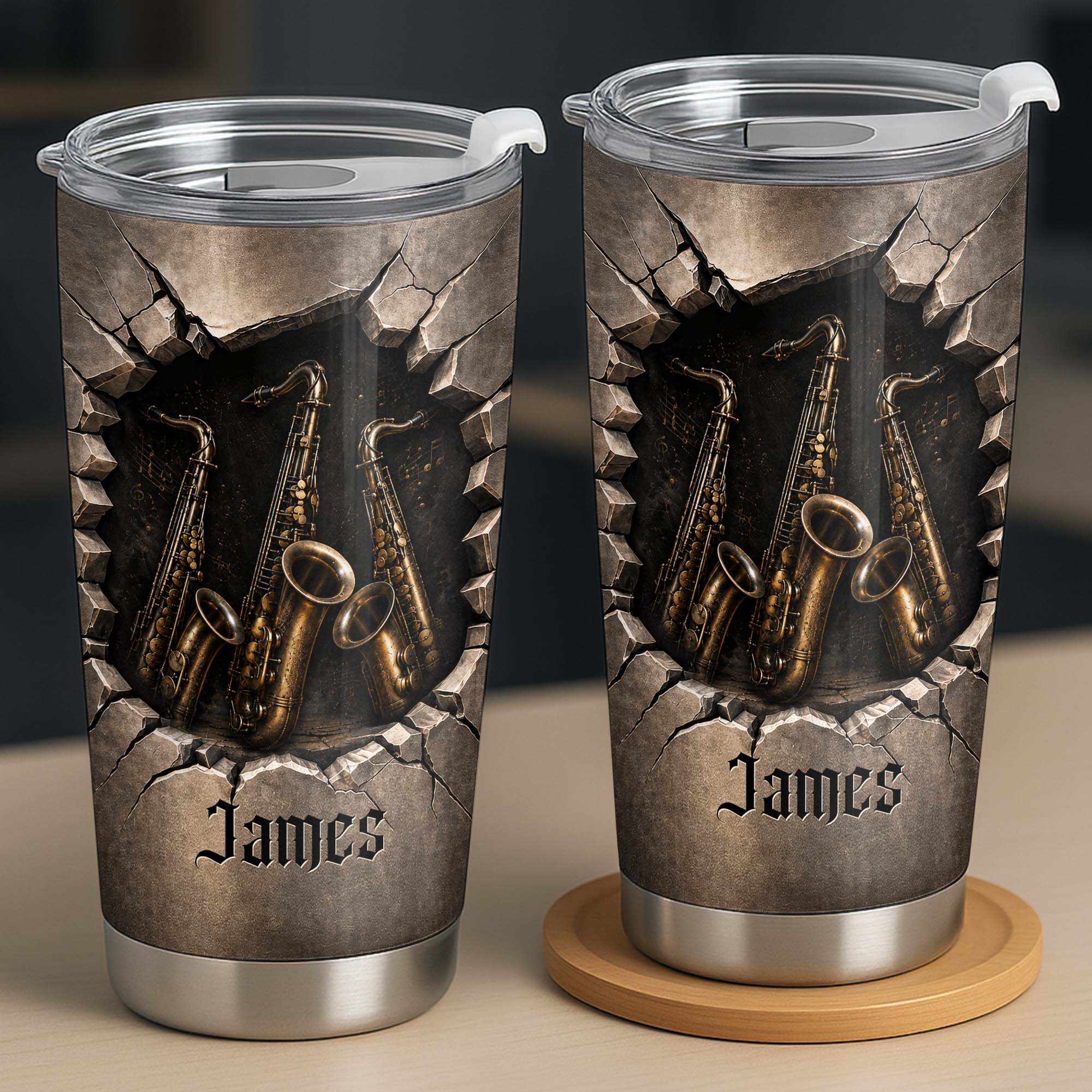 Personalized Music Lover Tumbler with Saxophones Custom Name Gift for Dad