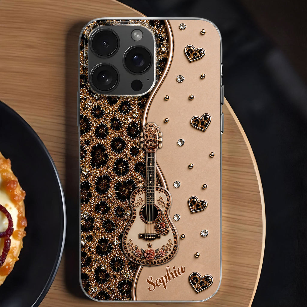 Personalized Clear Phone Case with Guitar & Leopard Print for Music Lovers Clear Phone Case GradoCreations