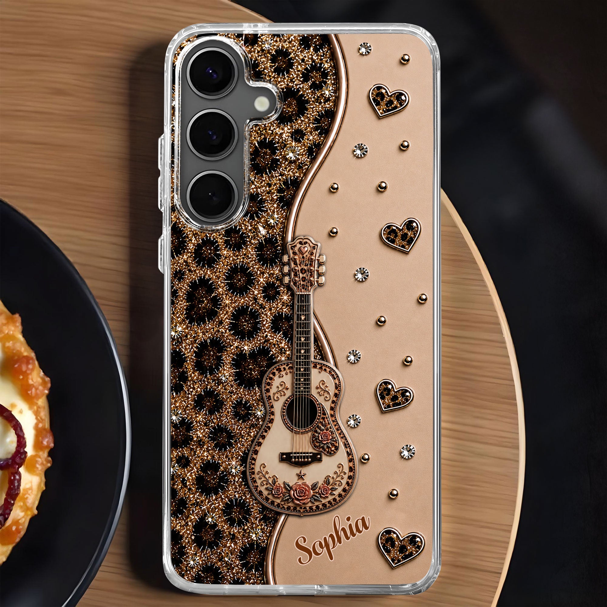 Personalized Clear Phone Case with Guitar & Leopard Print for Music Lovers Clear Phone Case GradoCreations