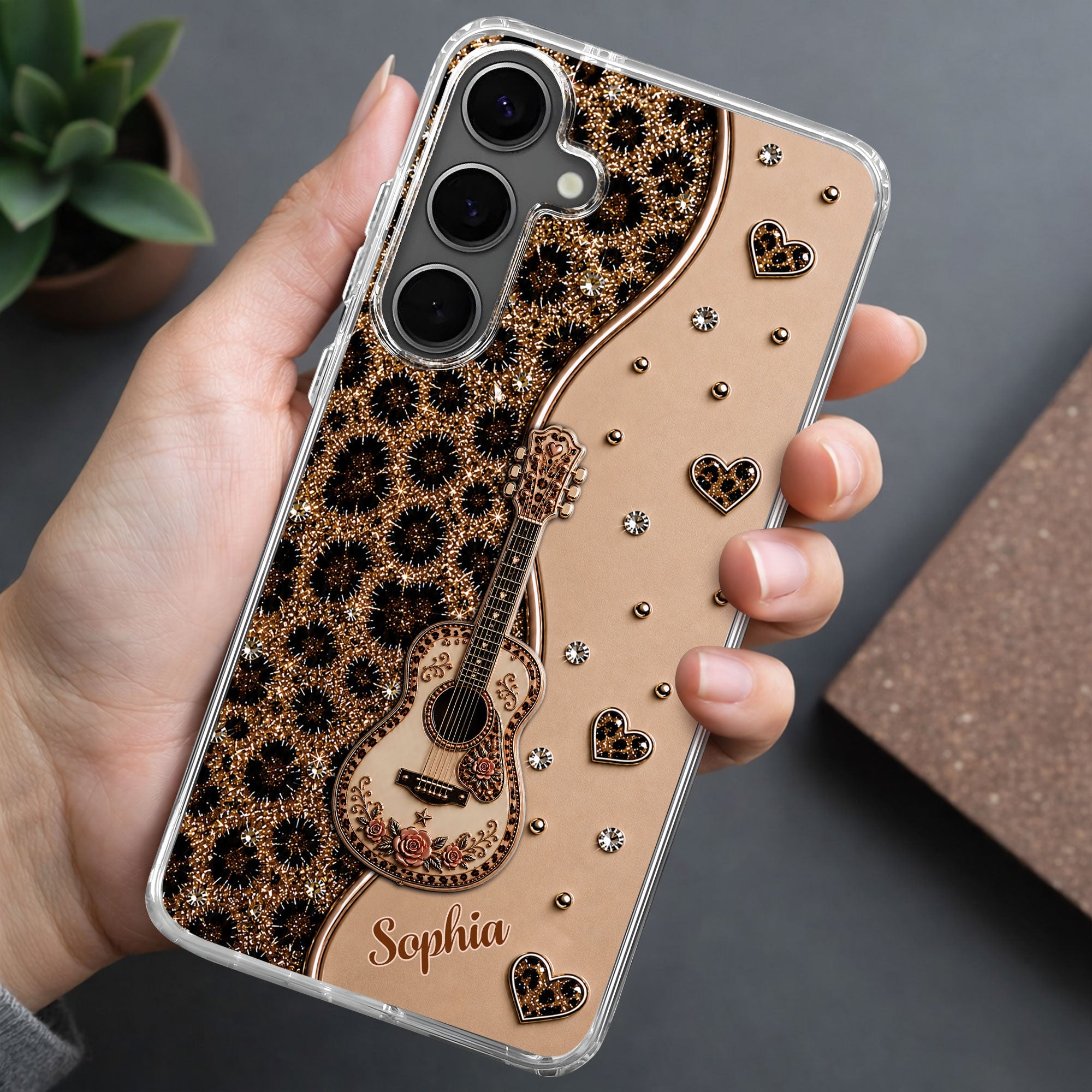 Personalized Clear Phone Case with Guitar & Leopard Print for Music Lovers Clear Phone Case GradoCreations