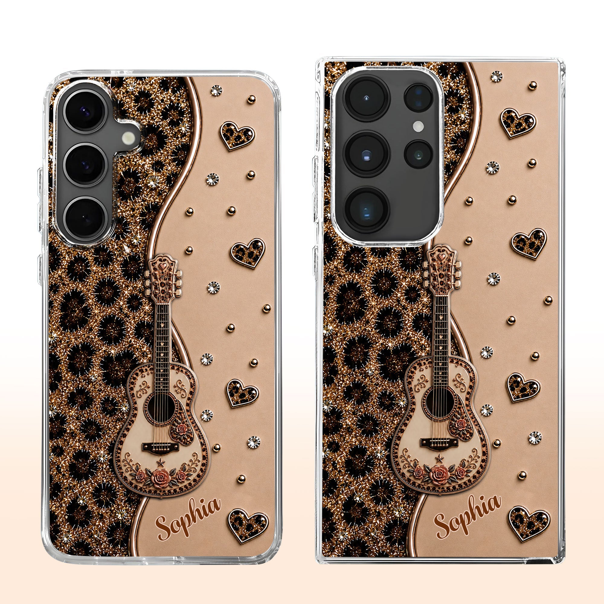 Personalized Clear Phone Case with Guitar & Leopard Print for Music Lovers Clear Phone Case GradoCreations