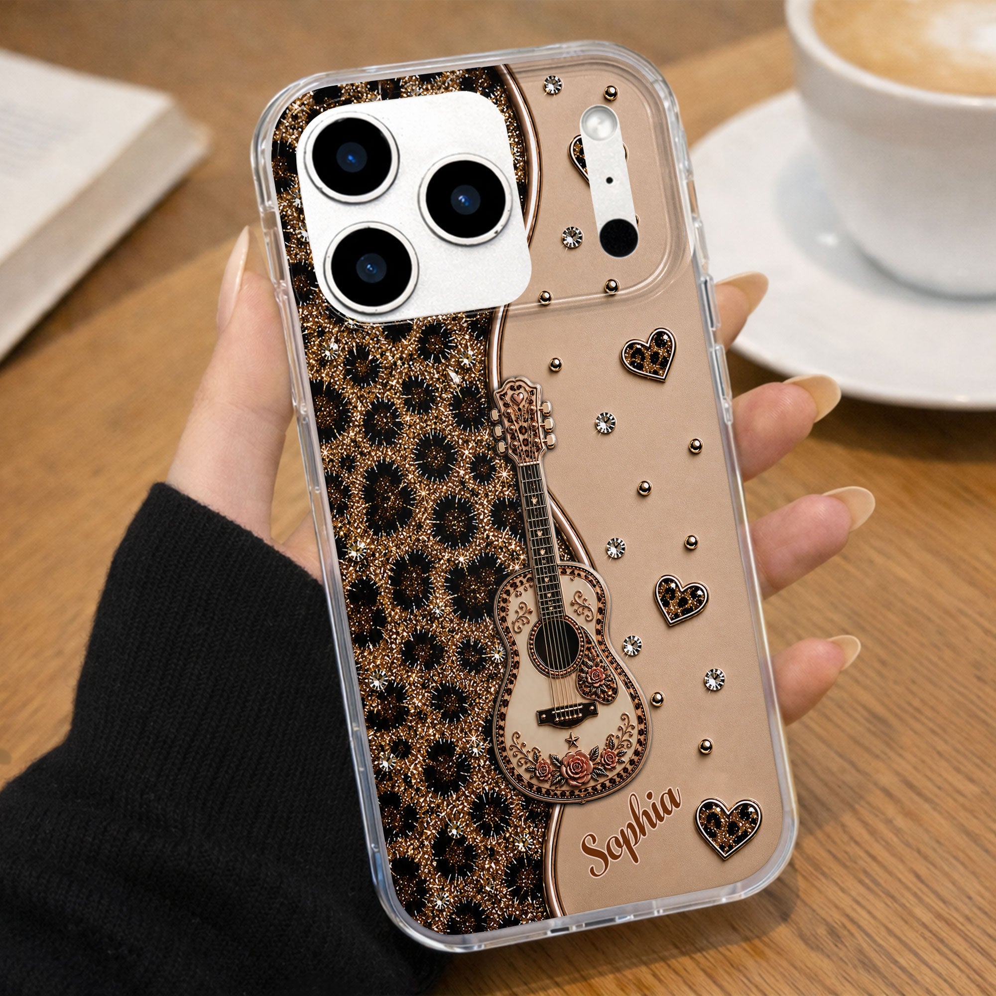Personalized Clear Phone Case with Guitar & Leopard Print for Music Lovers Clear Phone Case GradoCreations