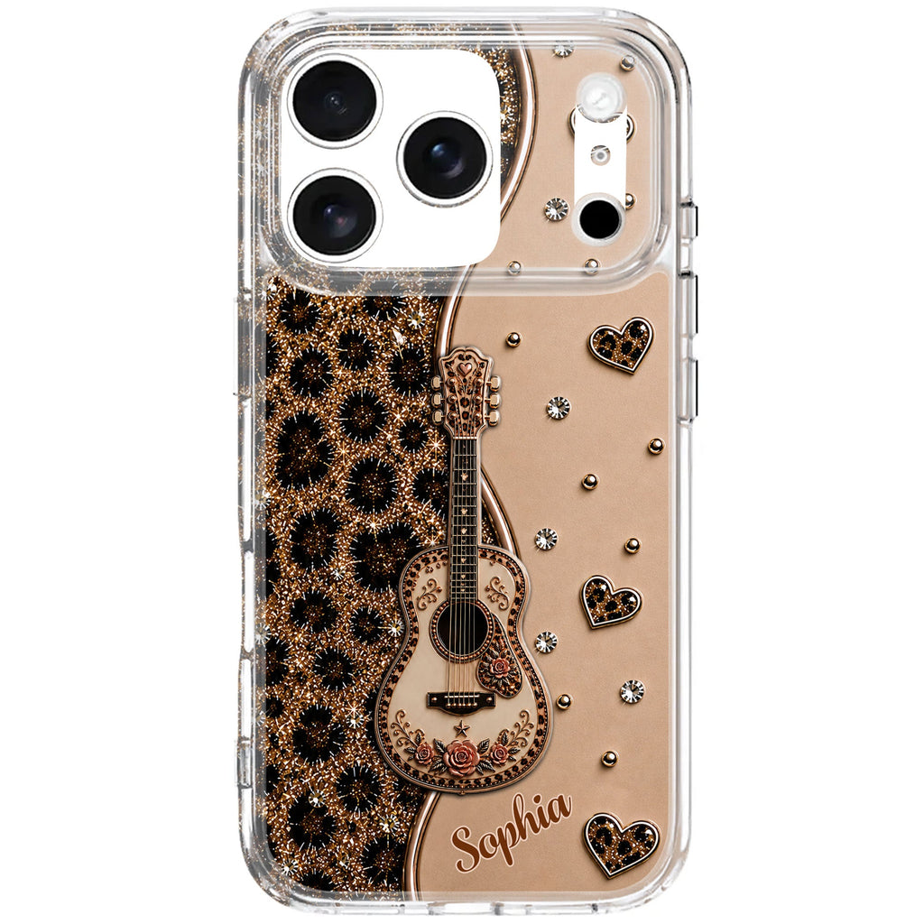 Personalized Clear Phone Case with Guitar & Leopard Print for Music Lovers Clear Phone Case GradoCreations