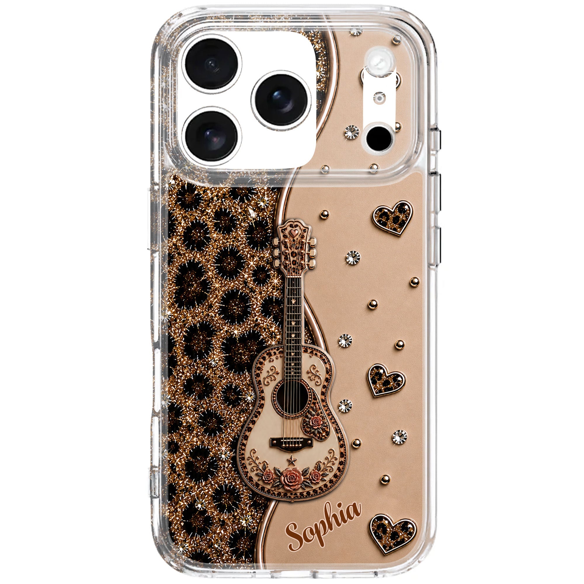 Personalized Clear Phone Case with Guitar & Leopard Print for Music Lovers Clear Phone Case GradoCreations